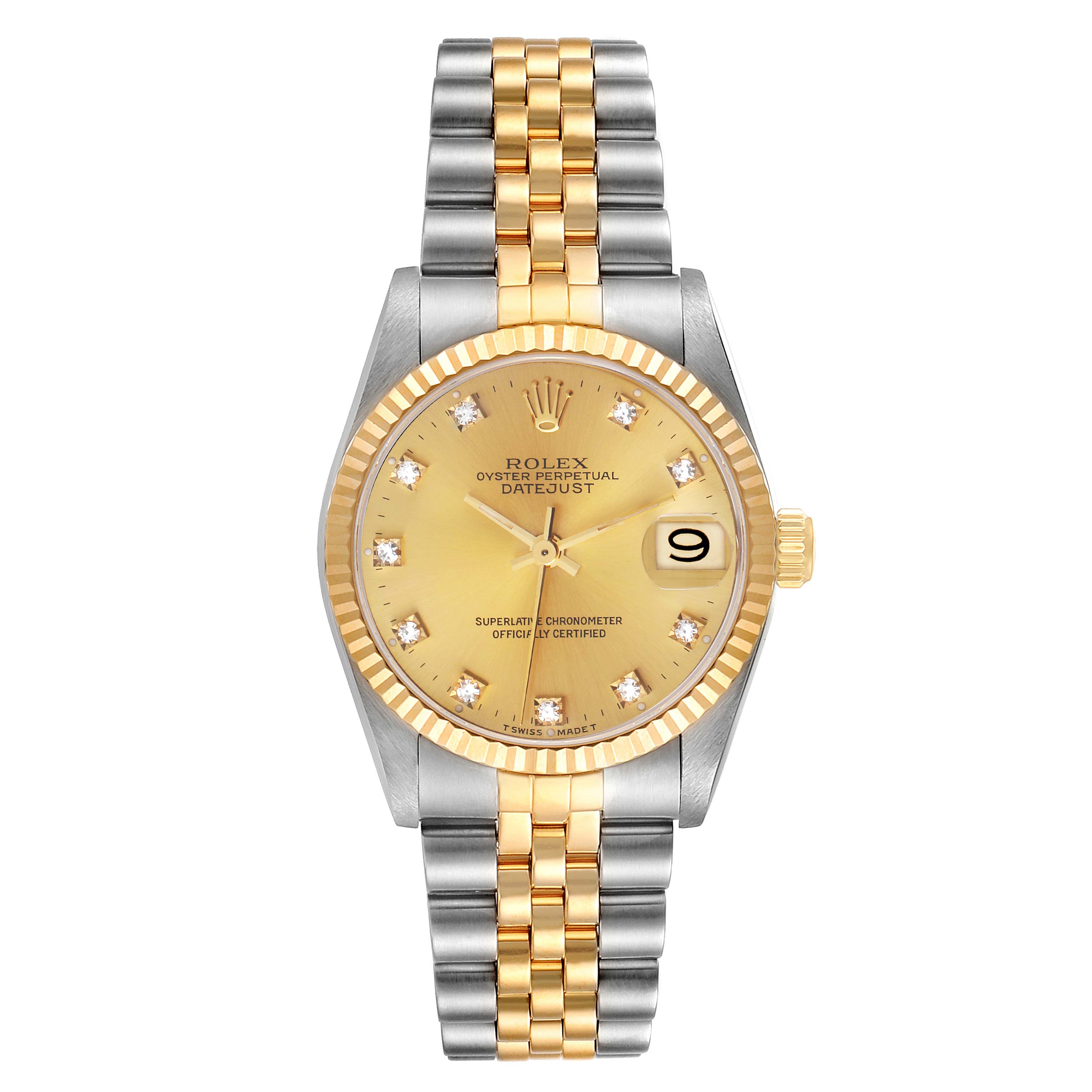 This image displays a front-facing view of a Mid-Size Rolex Oyster Perpetual Datejust watch, highlighting its gold and silver bracelet and gold dial.