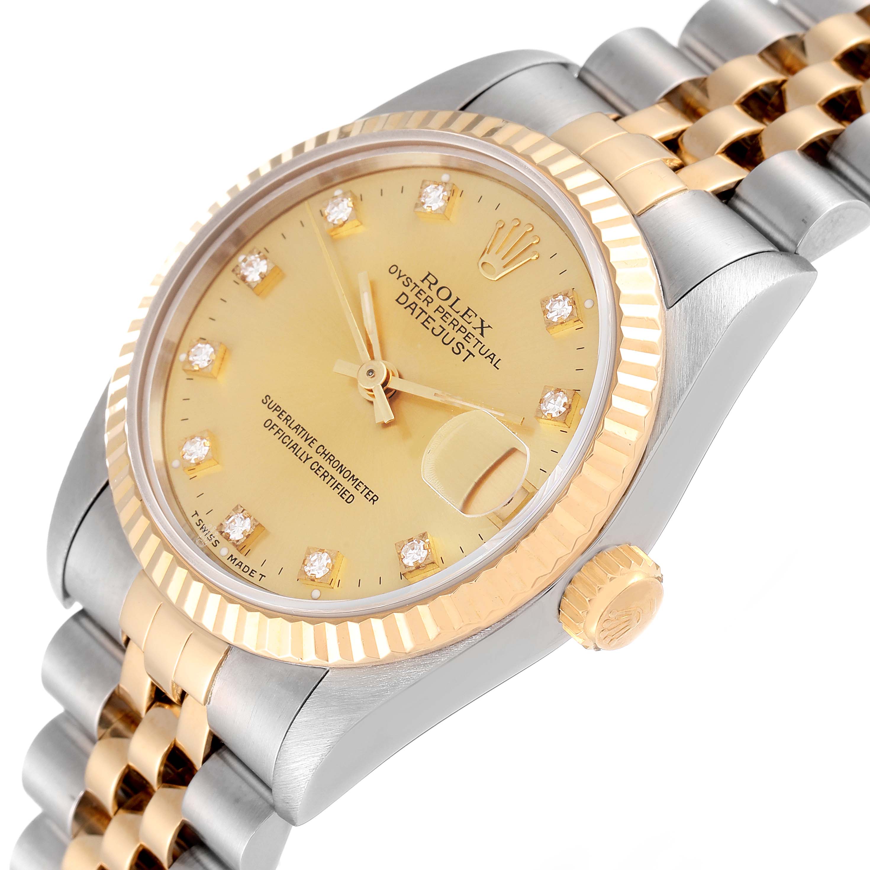 This image shows an angled view of a Rolex Mid-Size 68273 Women
s Steel and Gold (two tone) Champagne Dial 68273 Women
s Steel and Gold (two tone) Champagne Dial Datejust, highlighting the dial, bezel, crown, and part of the bracelet.