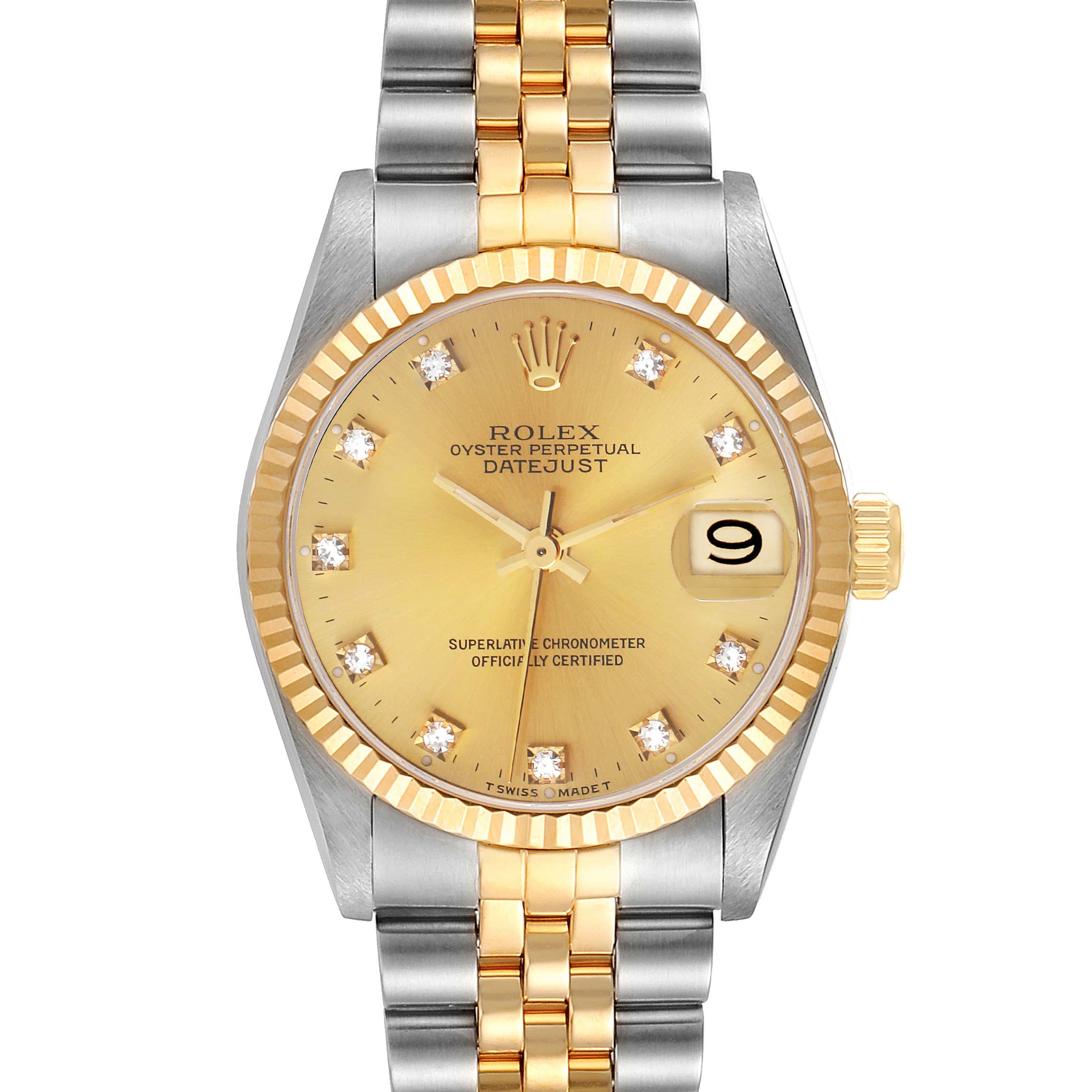 The image shows a front view of a Rolex Mid-Size 68273 Women
s Steel and Gold (two tone) Champagne Dial 68273 Women
s Steel and Gold (two tone) Champagne Dial Oyster Perpetual Datejust watch, highlighting the dial, bezel, and bracelet.