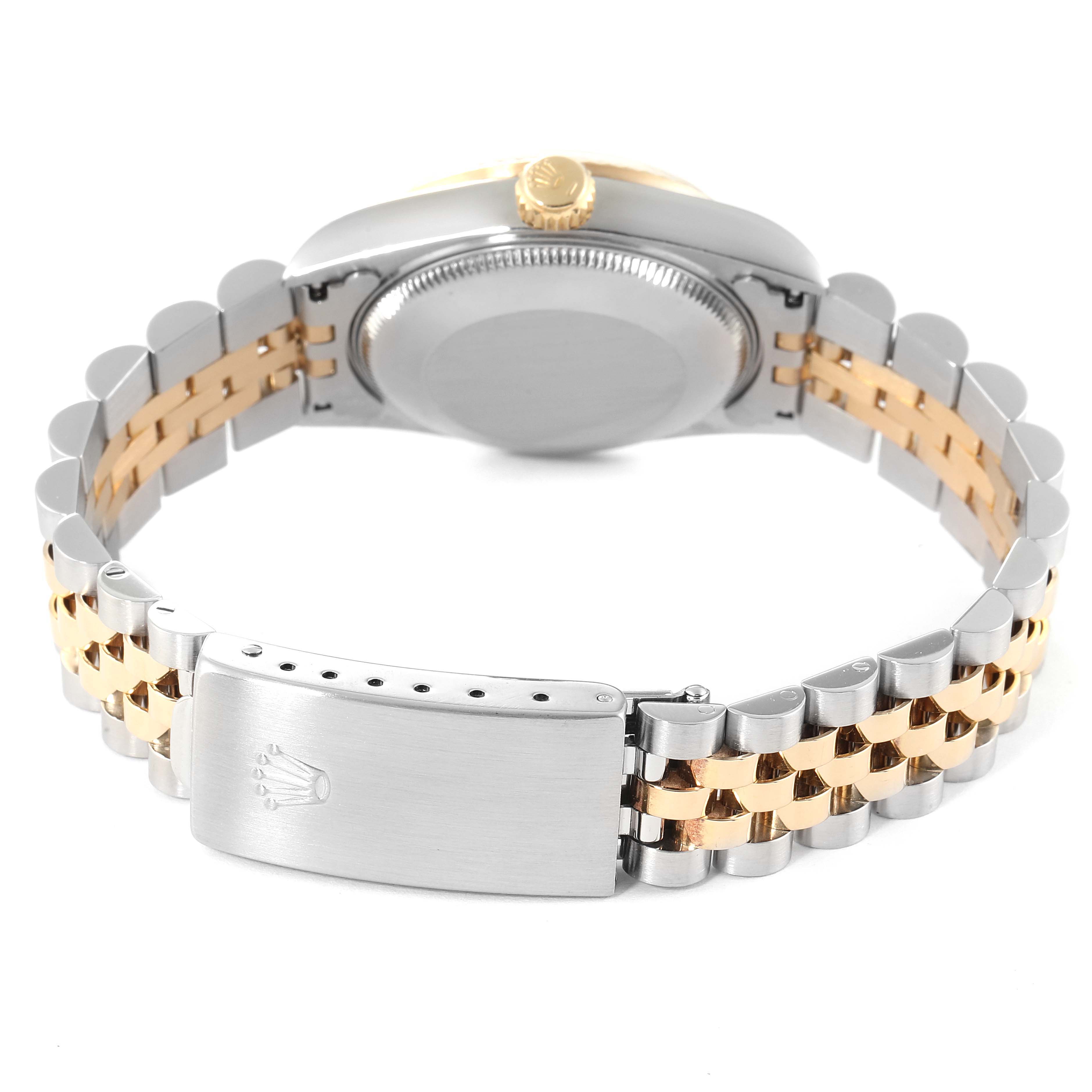 The image shows the back view of a Rolex Mid-Size 68273 Women
s Steel and Gold (two tone) Champagne Dial 68273 Women
s Steel and Gold (two tone) Champagne Dial watch, displaying the case, crown, and two-tone bracelet with clasp.