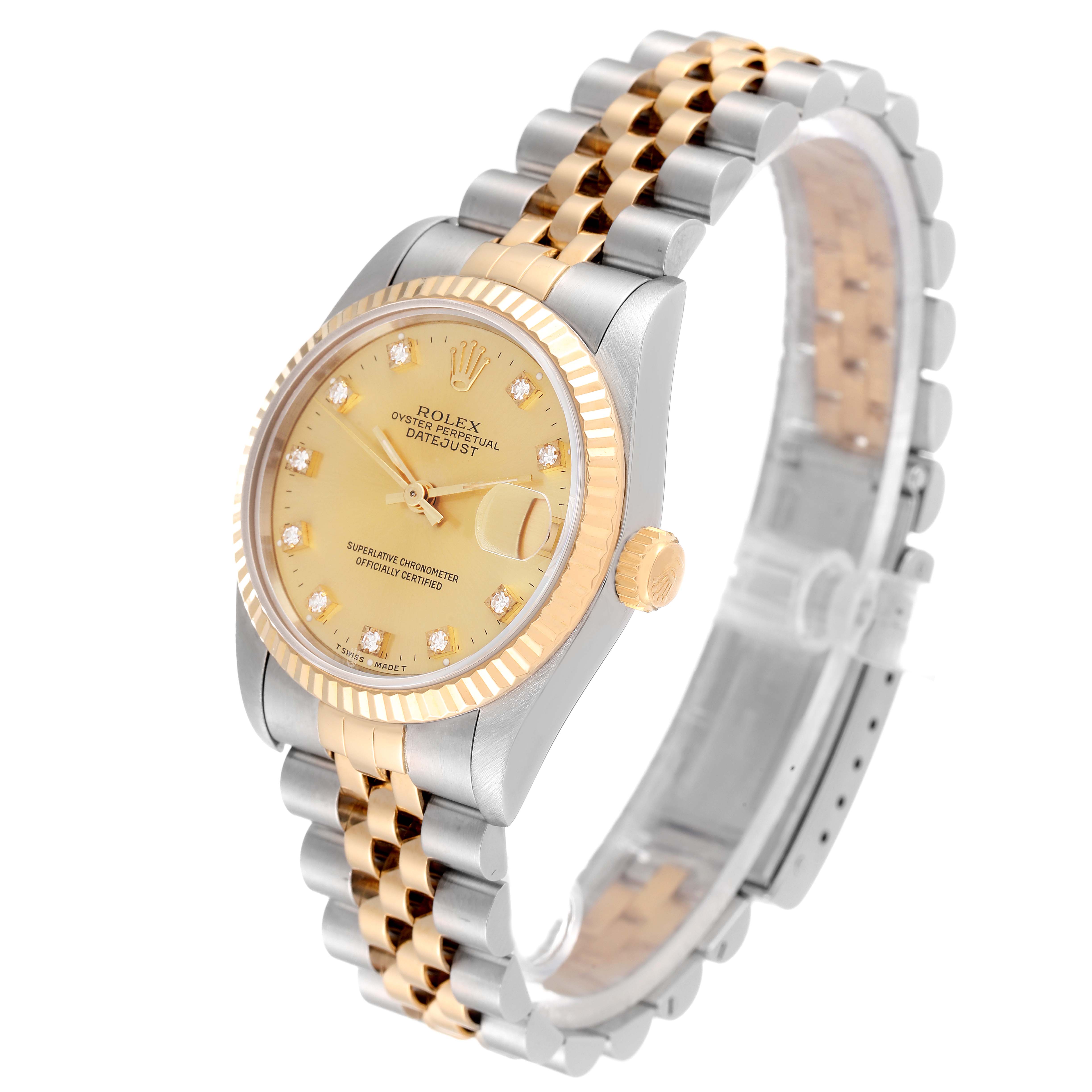 The image shows a Mid-Size Rolex Oyster Perpetual Datejust watch at an oblique angle, highlighting the dial, bezel, and two-tone bracelet.