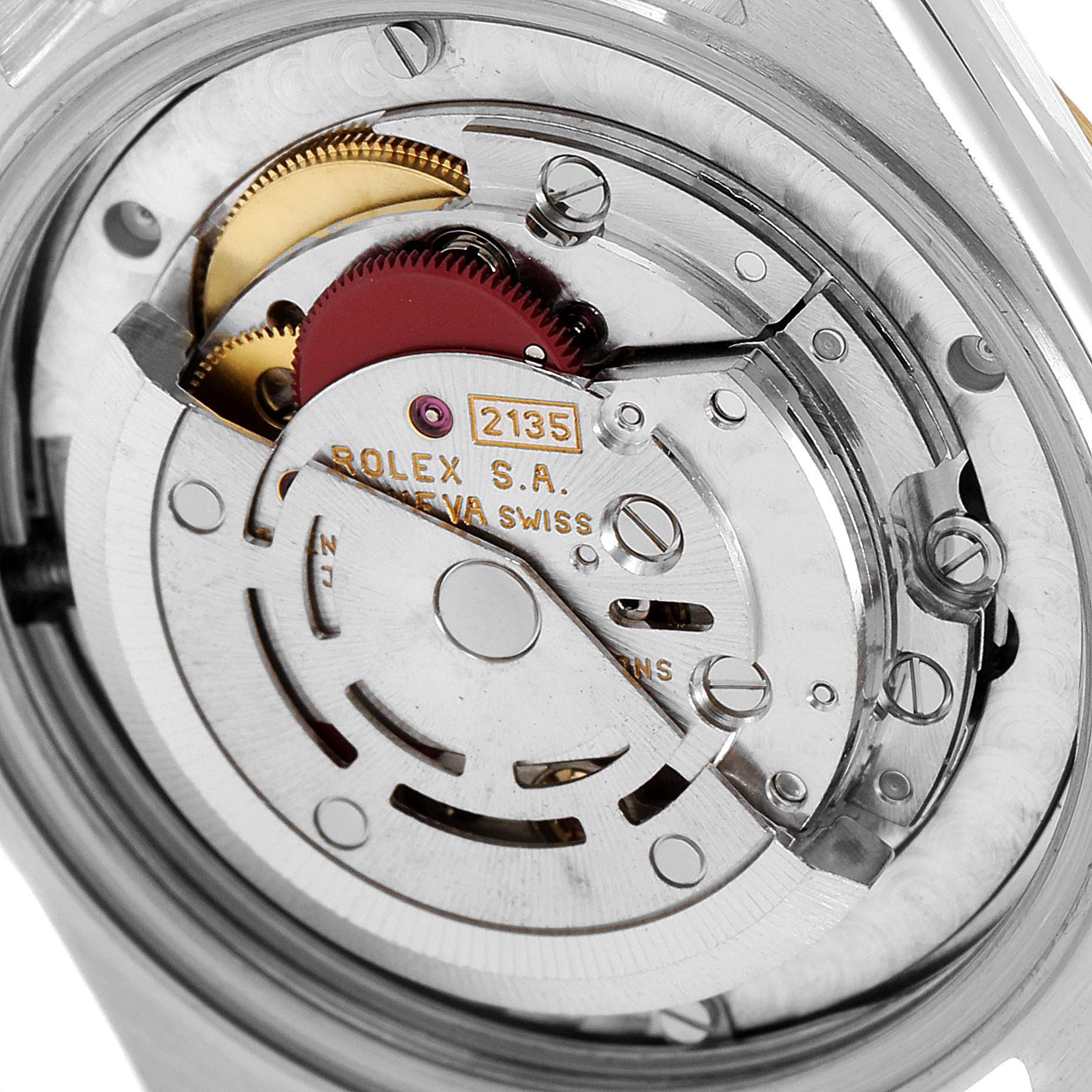 The image shows the movement and internal mechanical components of a Rolex Mid-Size 68273 Women
s Steel and Gold (two tone) White Dial 68273 Women
s Steel and Gold (two tone) White Dial model watch viewed from the back.
