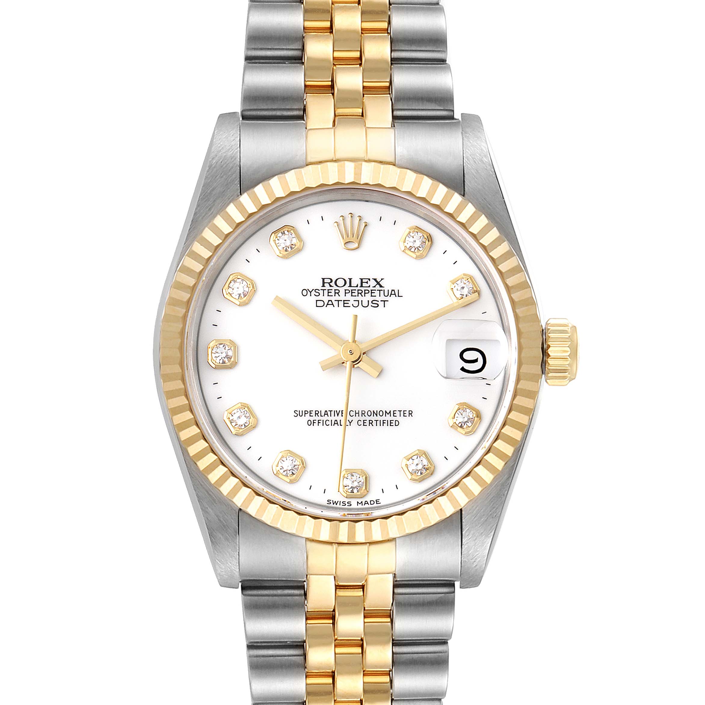 This image shows a front view of the Rolex Mid-Size 68273 Women
s Steel and Gold (two tone) White Dial 68273 Women
s Steel and Gold (two tone) White Dial Oyster Perpetual Datejust watch, highlighting its two-tone bracelet, bezel, and dial.