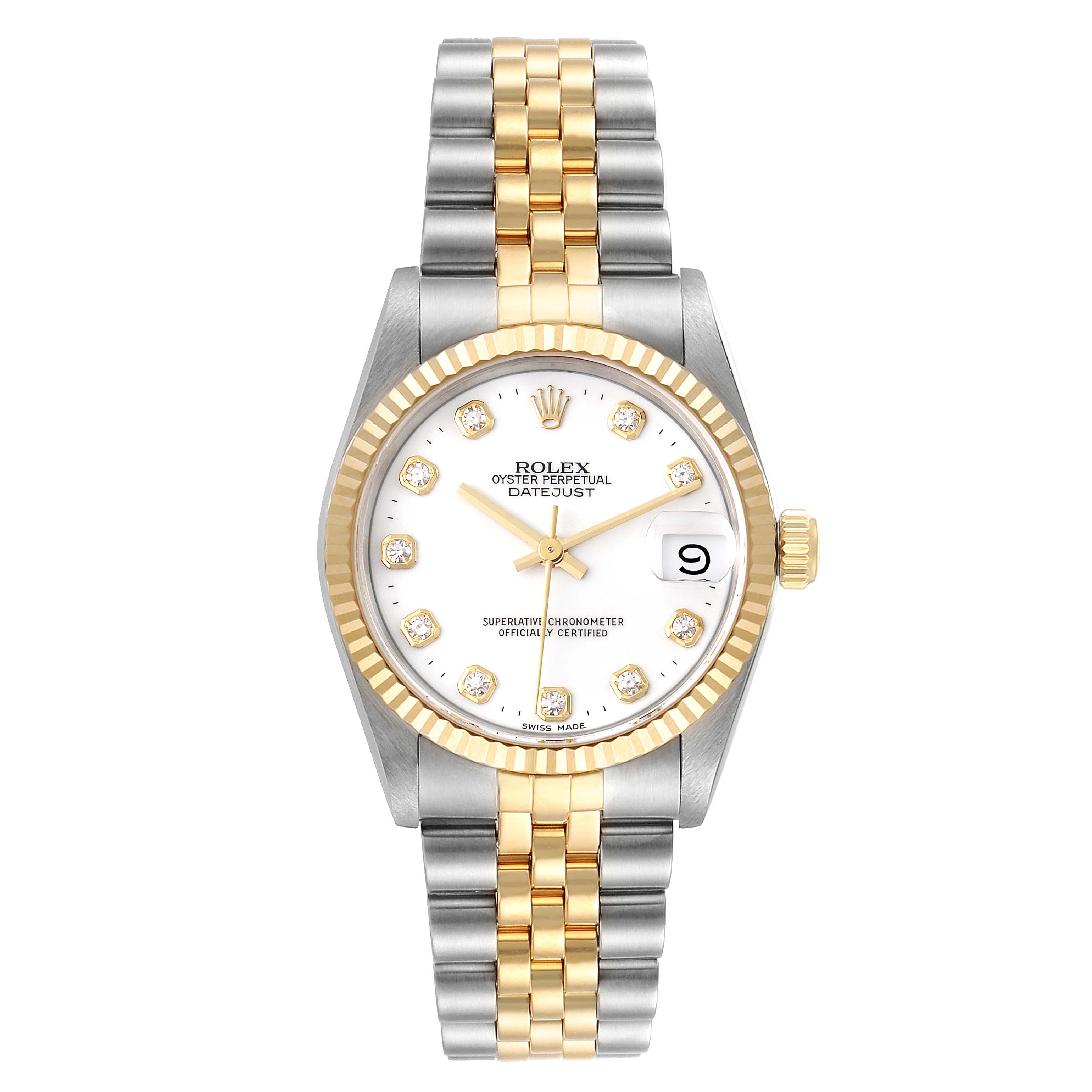 This Rolex Mid-Size 68273 Women
s Steel and Gold (two tone) White Dial 68273 Women
s Steel and Gold (two tone) White Dial Datejust watch is shown from the front, highlighting its face, bezel, and bracelet.