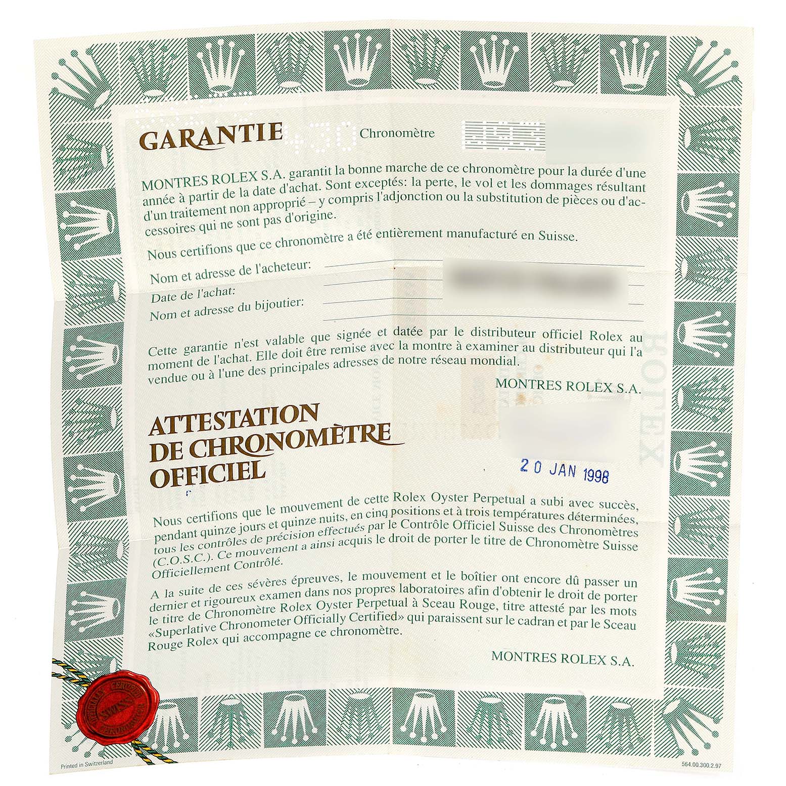 This image shows the official warranty and chronometer certification for the Rolex Mid-Size 68273 Women
s Steel and Gold (two tone) White Dial 68273 Women
s Steel and Gold (two tone) White Dial model.