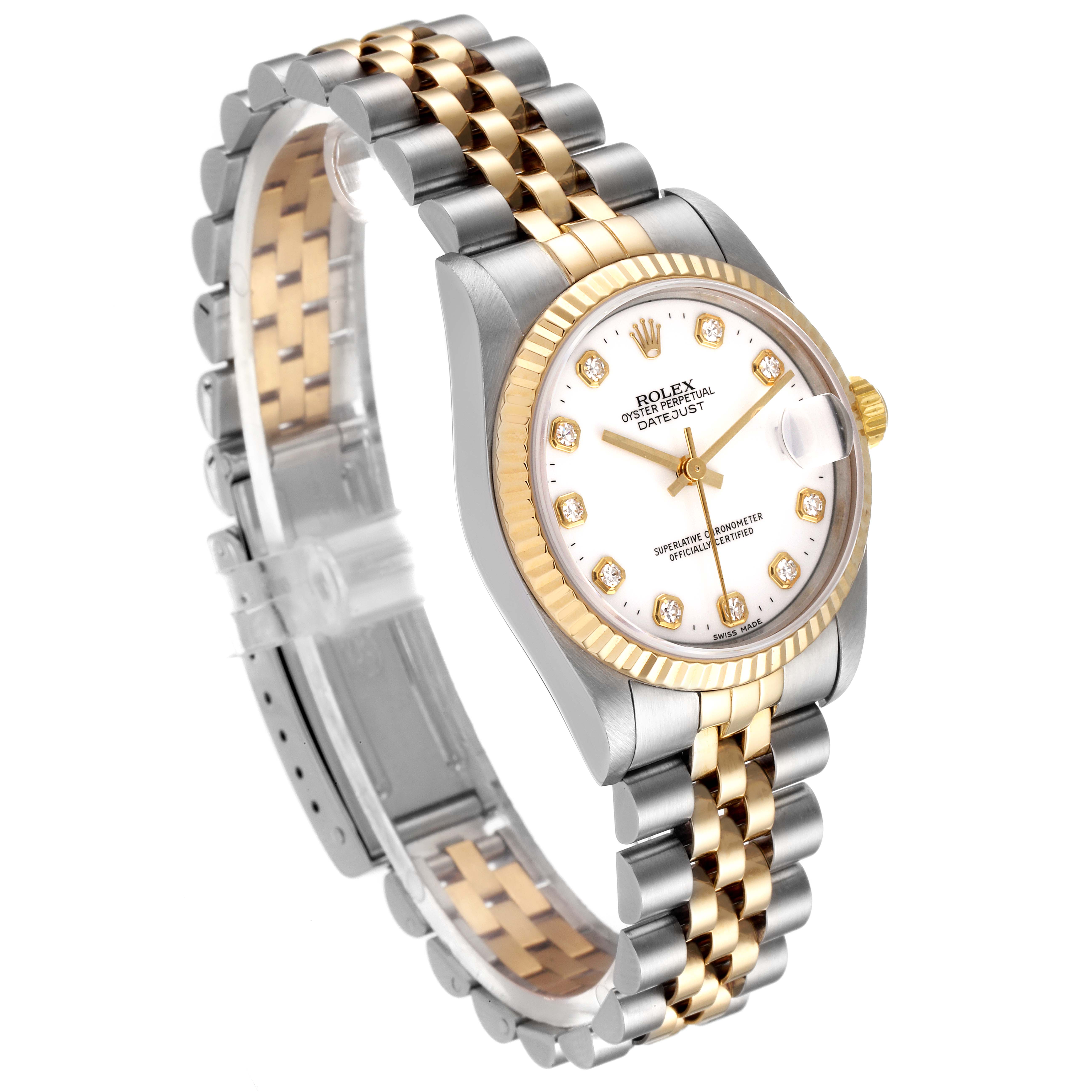 This Rolex Mid-Size 68273 Women
s Steel and Gold (two tone) White Dial 68273 Women
s Steel and Gold (two tone) White Dial Datejust watch is shown at a slight angle, highlighting the two-tone bracelet, bezel, and diamond hour markers.