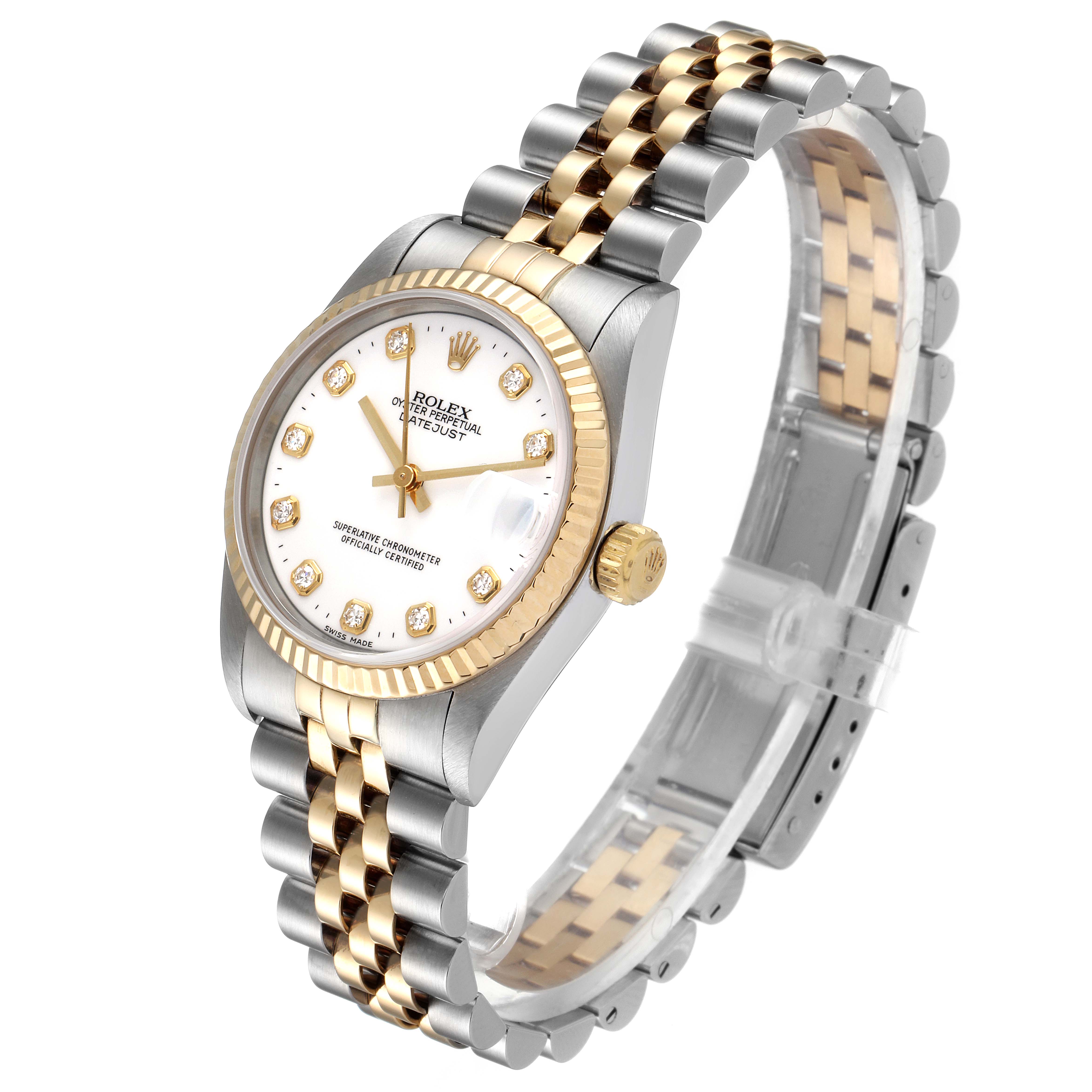 The Rolex Mid-Size 68273 Women
s Steel and Gold (two tone) White Dial 68273 Women
s Steel and Gold (two tone) White Dial watch is shown at a slight angle, featuring its bezel, dial, bracelet, and crown.