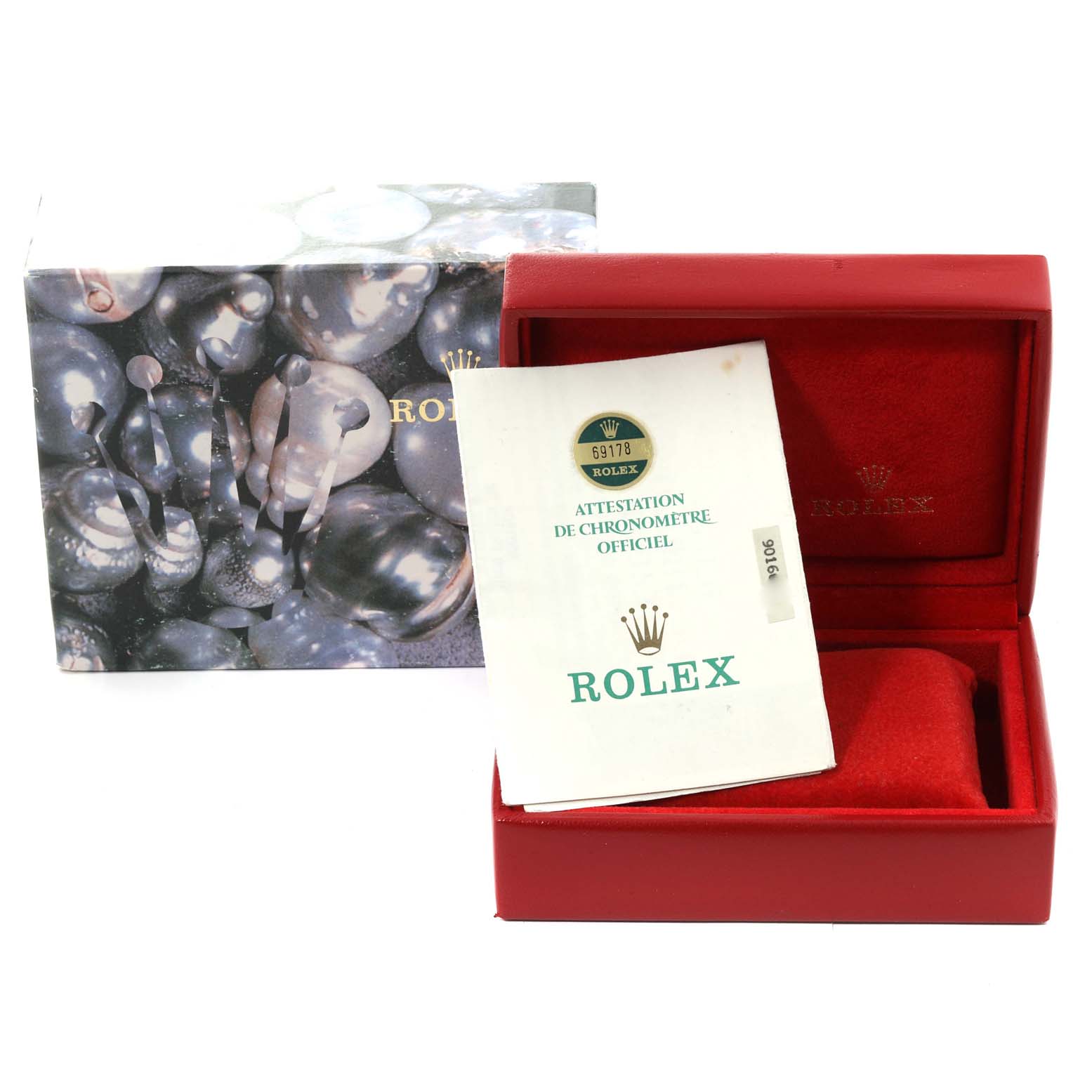 The image shows the packaging, box, and certification for the Rolex President 69178 Women's Yellow Gold White Dial 69178 Women's Yellow Gold White Dial model watch.