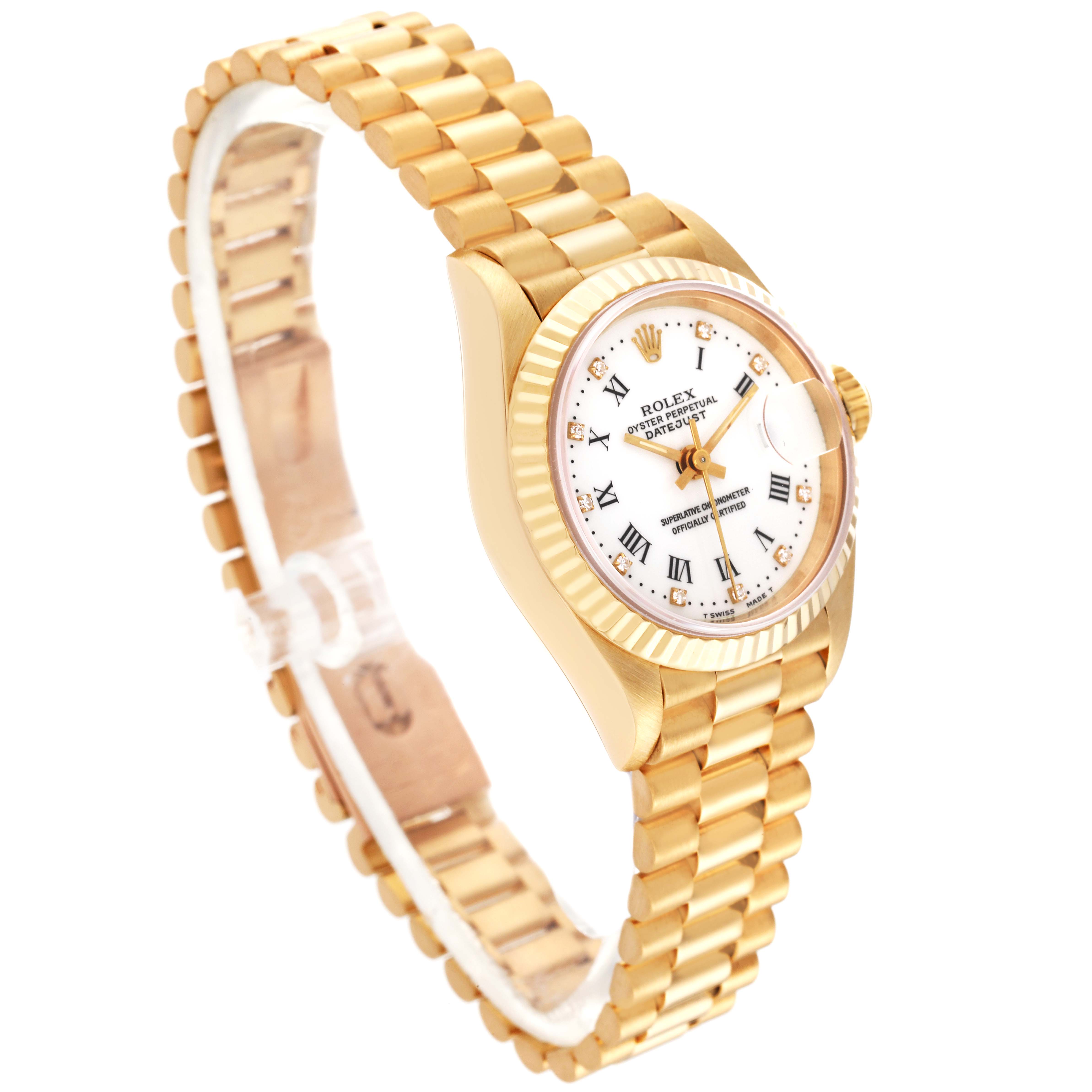 The Rolex President 69178 Women's Yellow Gold White Dial 69178 Women's Yellow Gold White Dial model watch is shown from a side angle, showcasing its gold bracelet, case, and white dial with Roman numerals.