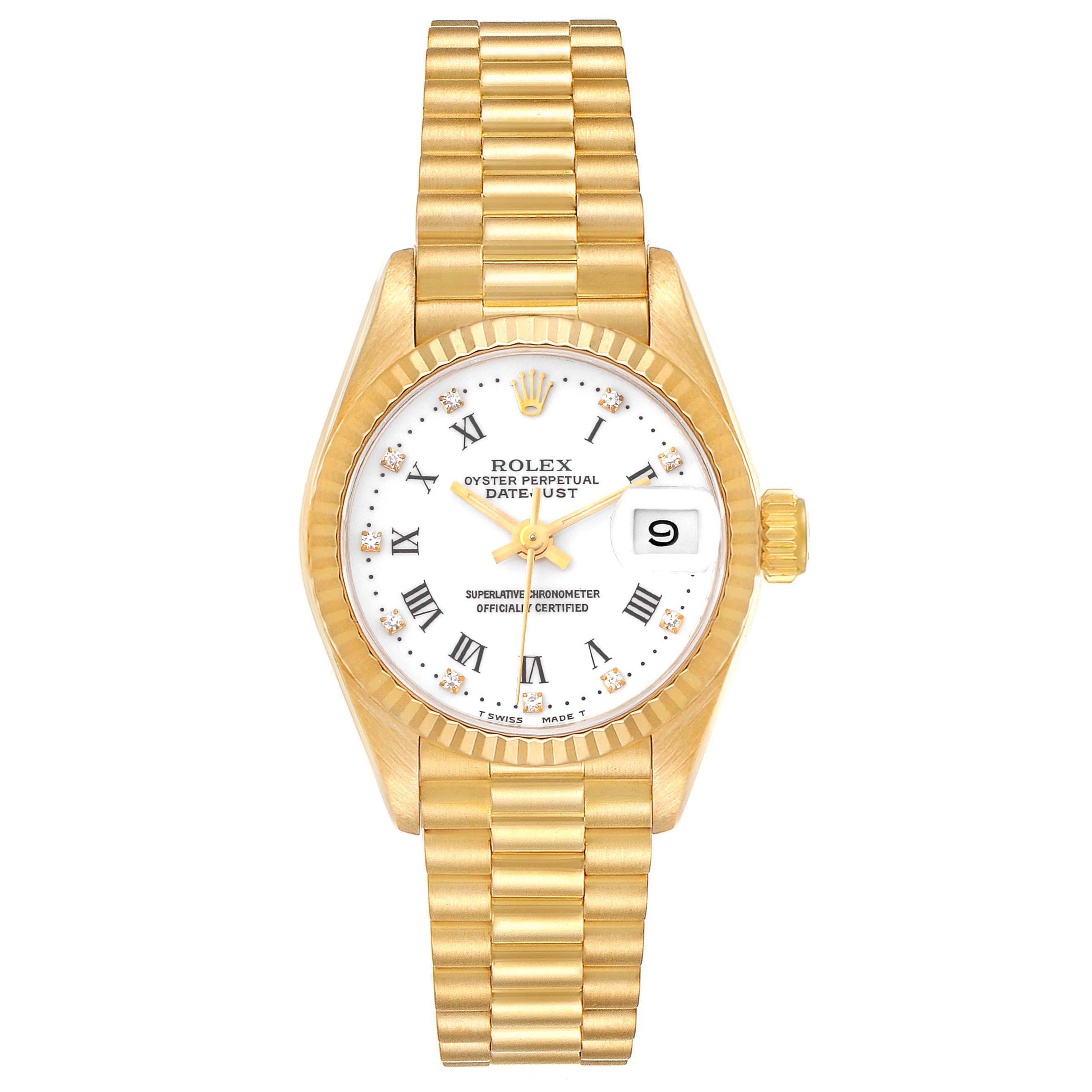 The image shows a front view of the Rolex President 69178 Women's Yellow Gold White Dial 69178 Women's Yellow Gold White Dial model watch, displaying its bracelet, dial, and date window.