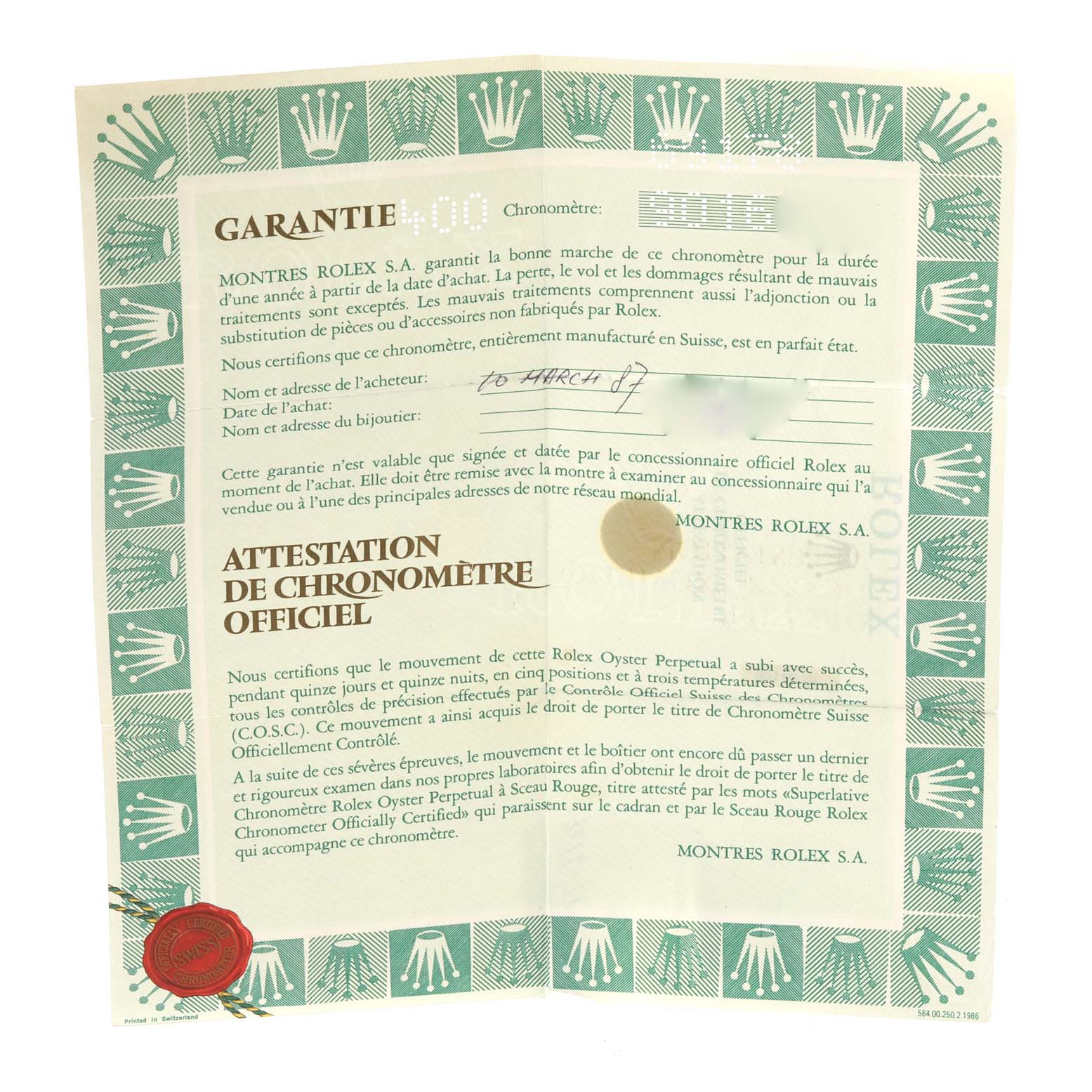 The image shows a warranty certificate for the Rolex President 69178 Women's Yellow Gold White Dial 69178 Women's Yellow Gold White Dial model watch, highlighting its official chronometer certification.