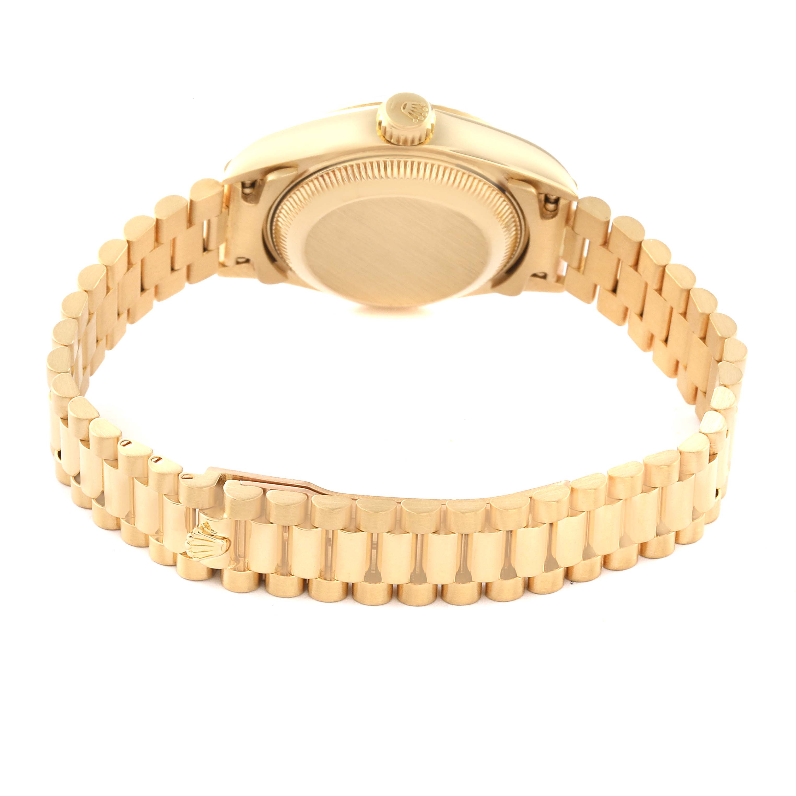 This image shows a rear view of a Rolex President 69178 Women's Yellow Gold White Dial 69178 Women's Yellow Gold White Dial model watch, highlighting the back of the case and the bracelet.