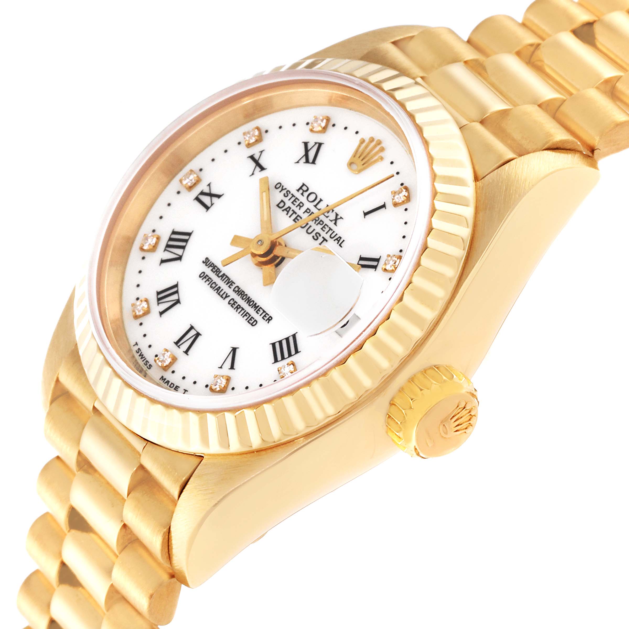 The image shows a close-up side angle of a Rolex President 69178 Women's Yellow Gold White Dial 69178 Women's Yellow Gold White Dial model watch, highlighting the dial, bezel, and part of the bracelet.