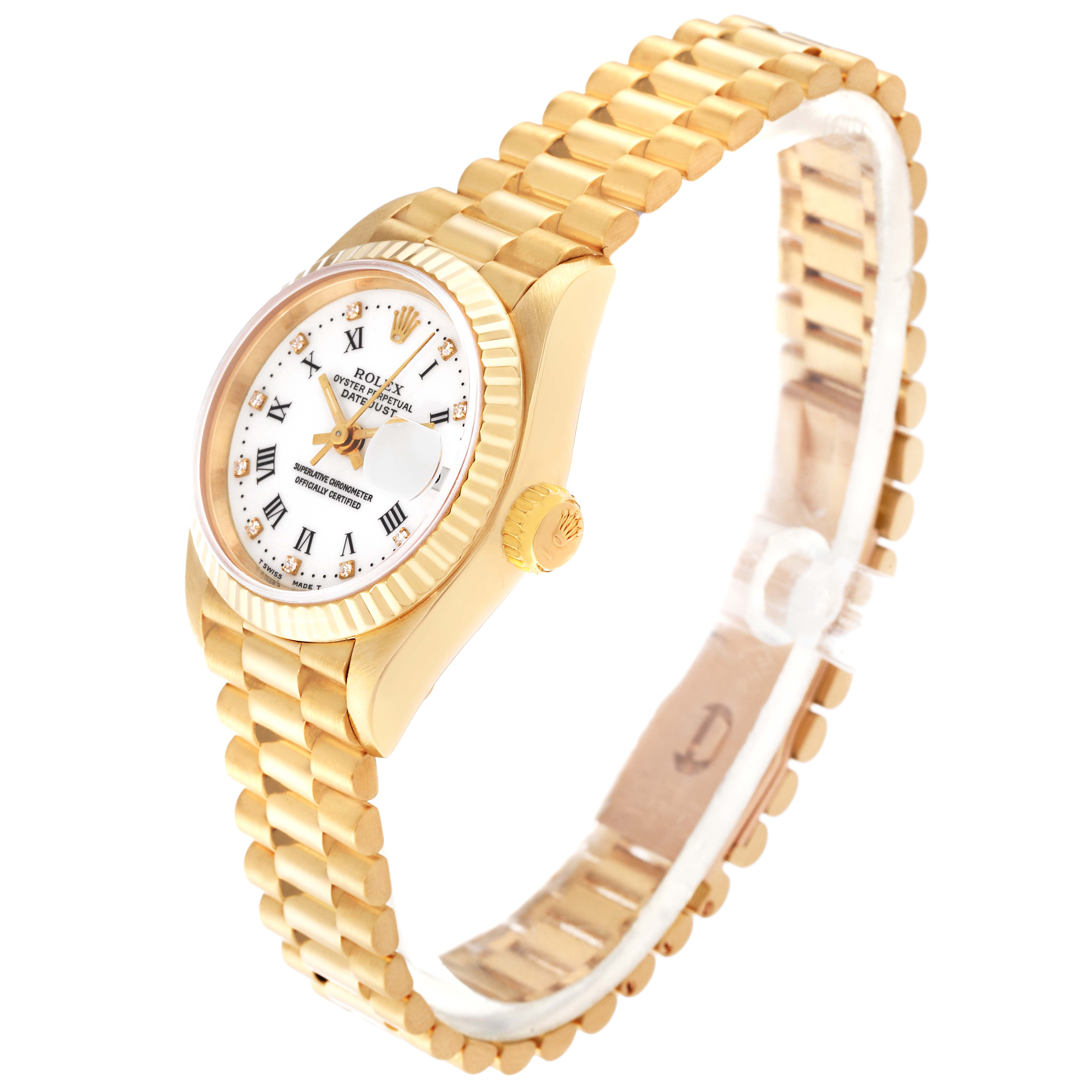 The image shows a side and front angled view of a Rolex President 69178 Women's Yellow Gold White Dial 69178 Women's Yellow Gold White Dial model watch, highlighting the gold case, bracelet, and dial.