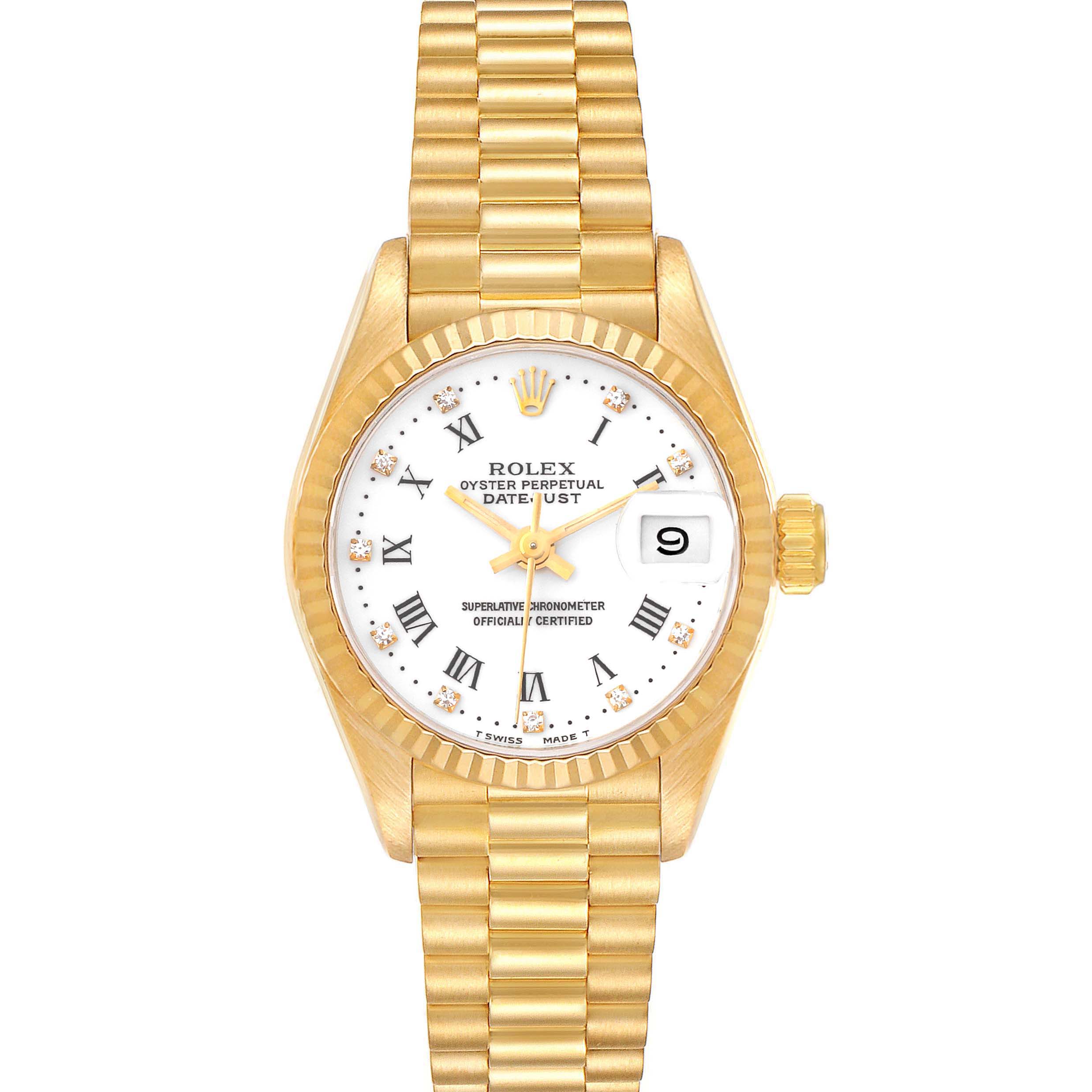 The Rolex President 69178 Women's Yellow Gold White Dial 69178 Women's Yellow Gold White Dial model watch is shown from the front, displaying its gold bracelet, white dial, and date window.
