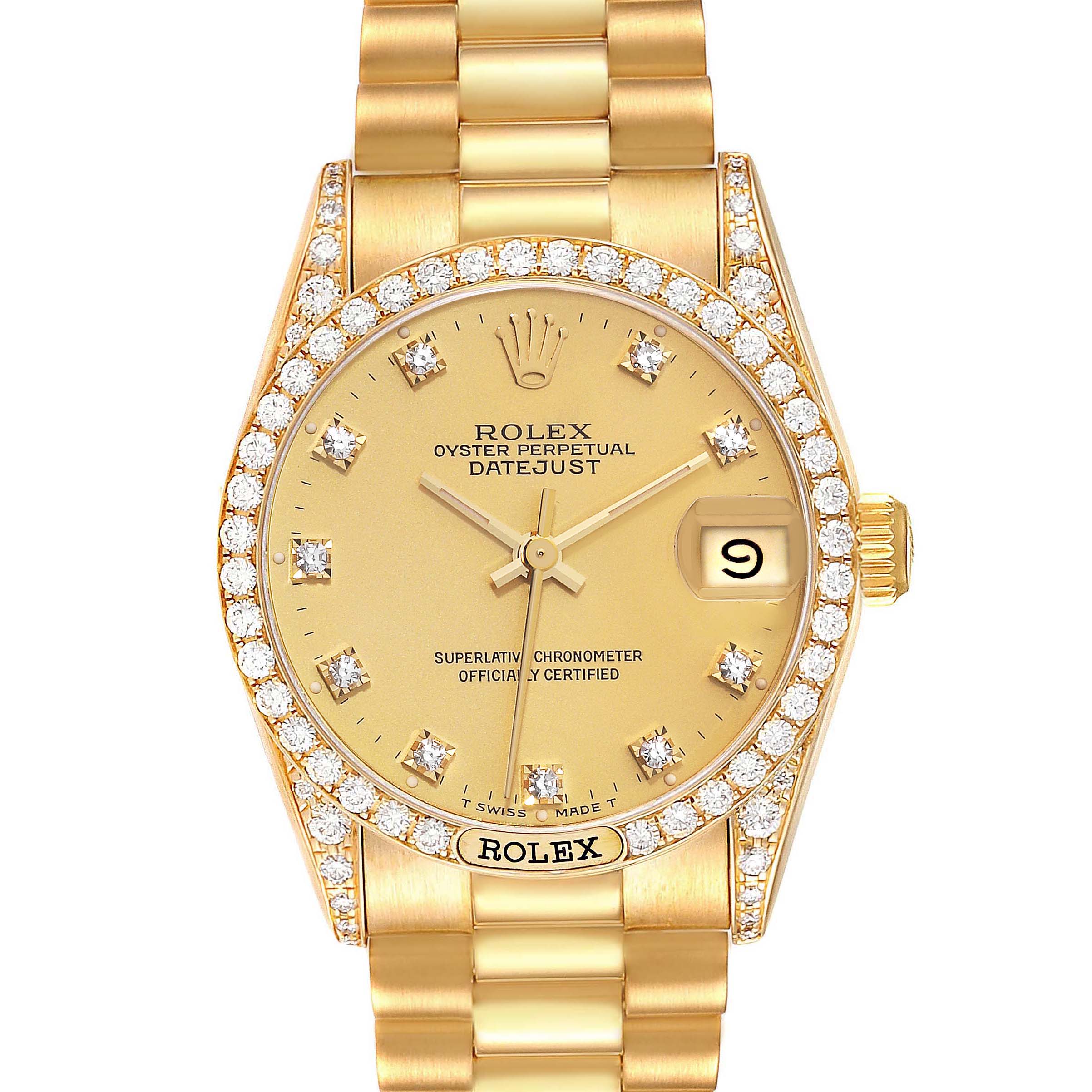 The image shows a frontal view of the Rolex President 68158 Women's Yellow Gold Champagne Dial 68158 Women's Yellow Gold Champagne Dial model watch, highlighting its gold dial and diamond-encrusted bezel.