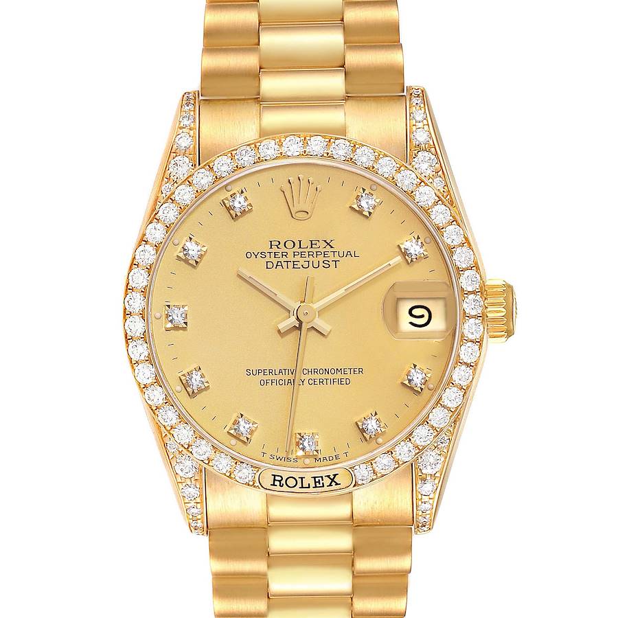 Rolex Datejust President Midsize Yellow Gold Diamond Bezel Ladies Watch 68158 SwissWatchExpo