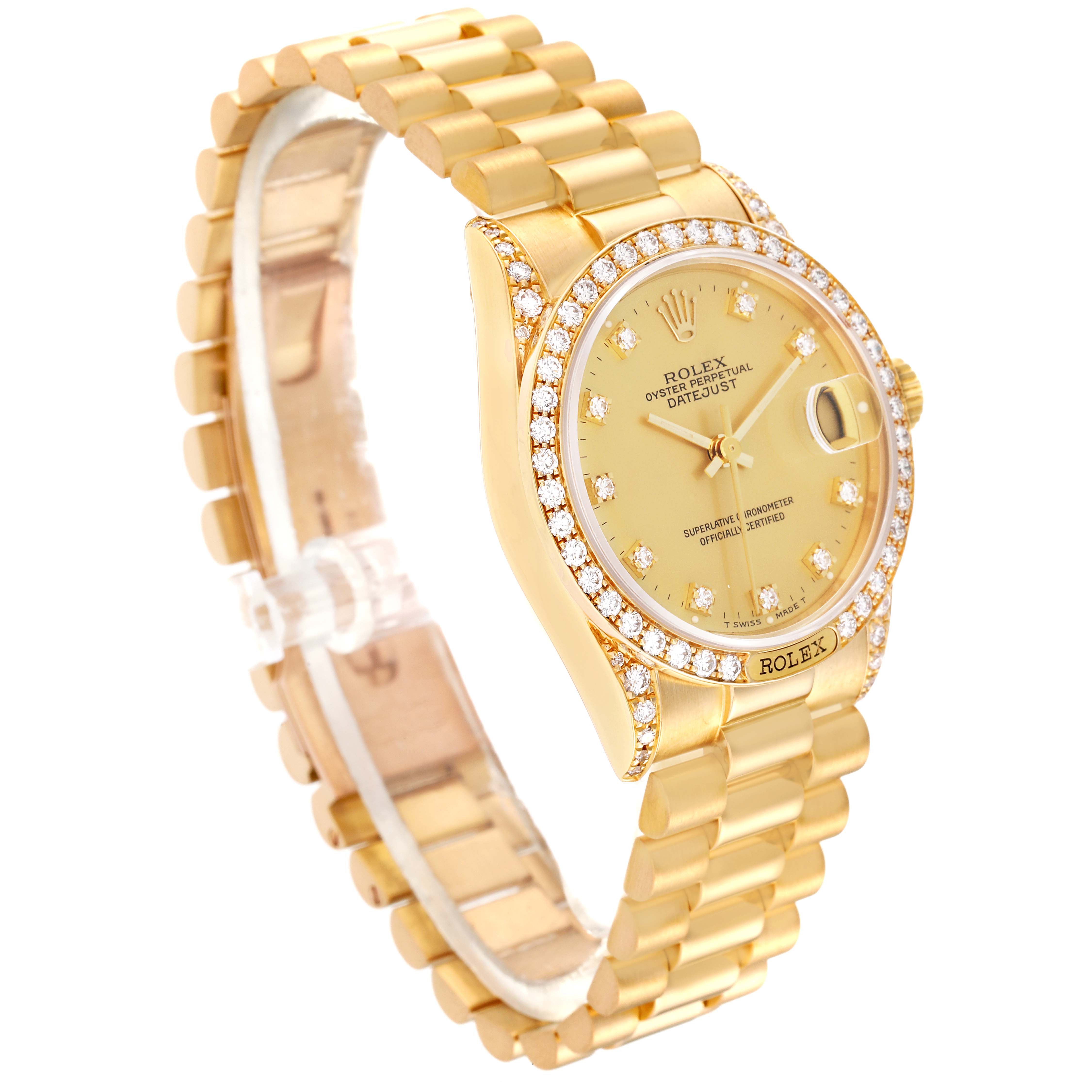 This image shows a Rolex President 68158 Women's Yellow Gold Champagne Dial 68158 Women's Yellow Gold Champagne Dial model watch angled to display its gold casing, diamond bezel, and bracelet.