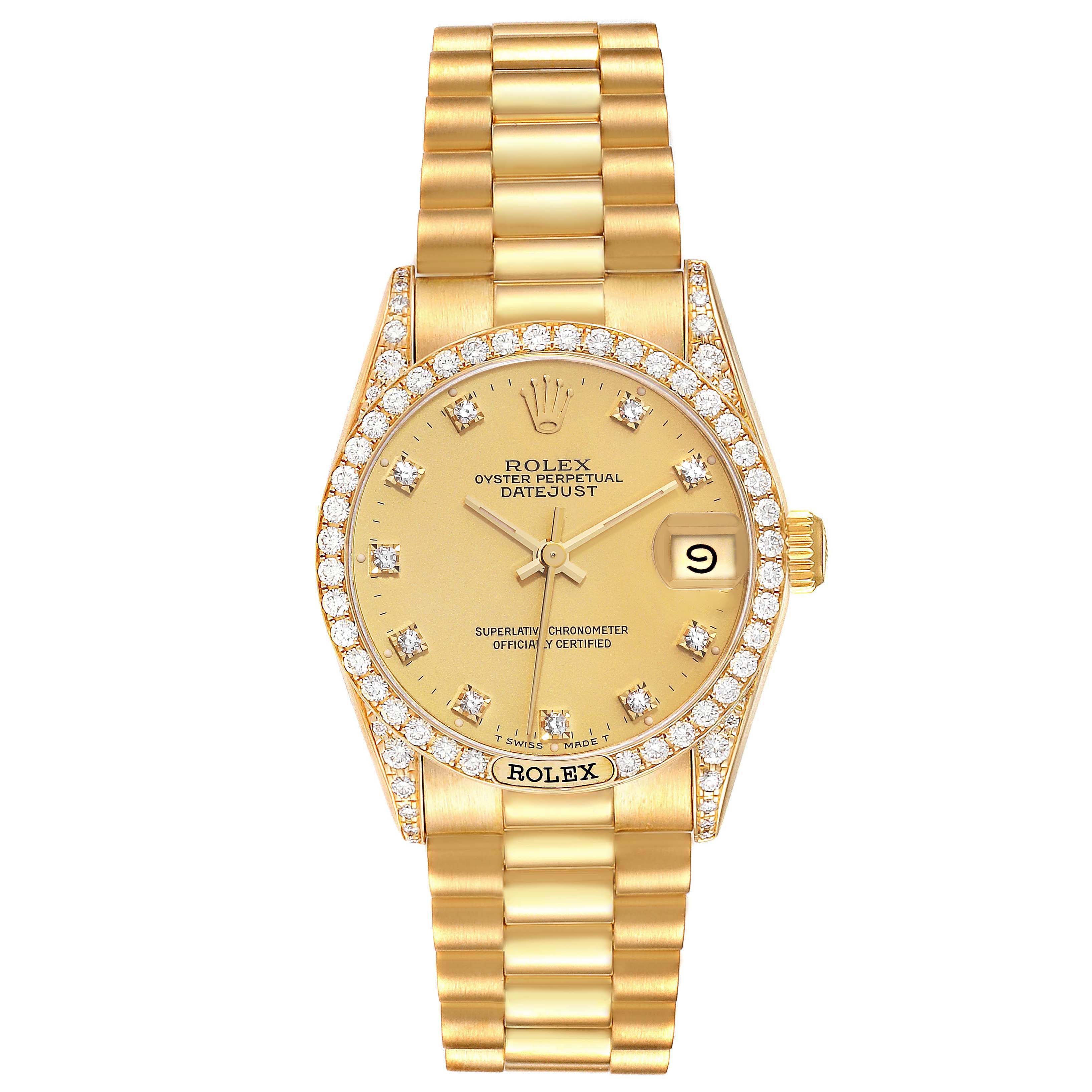 The image shows a Rolex President 68158 Women's Yellow Gold Champagne Dial 68158 Women's Yellow Gold Champagne Dial model watch from a front angle, highlighting the dial, bezel, and bracelet.