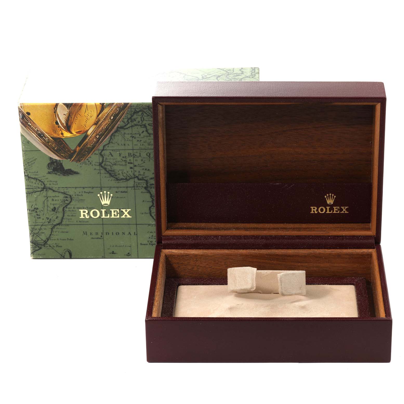 The image shows an empty Rolex President 68158 Women's Yellow Gold Champagne Dial 68158 Women's Yellow Gold Champagne Dial model watch box, open, with the Rolex logo on the inside lid and outer packaging.
