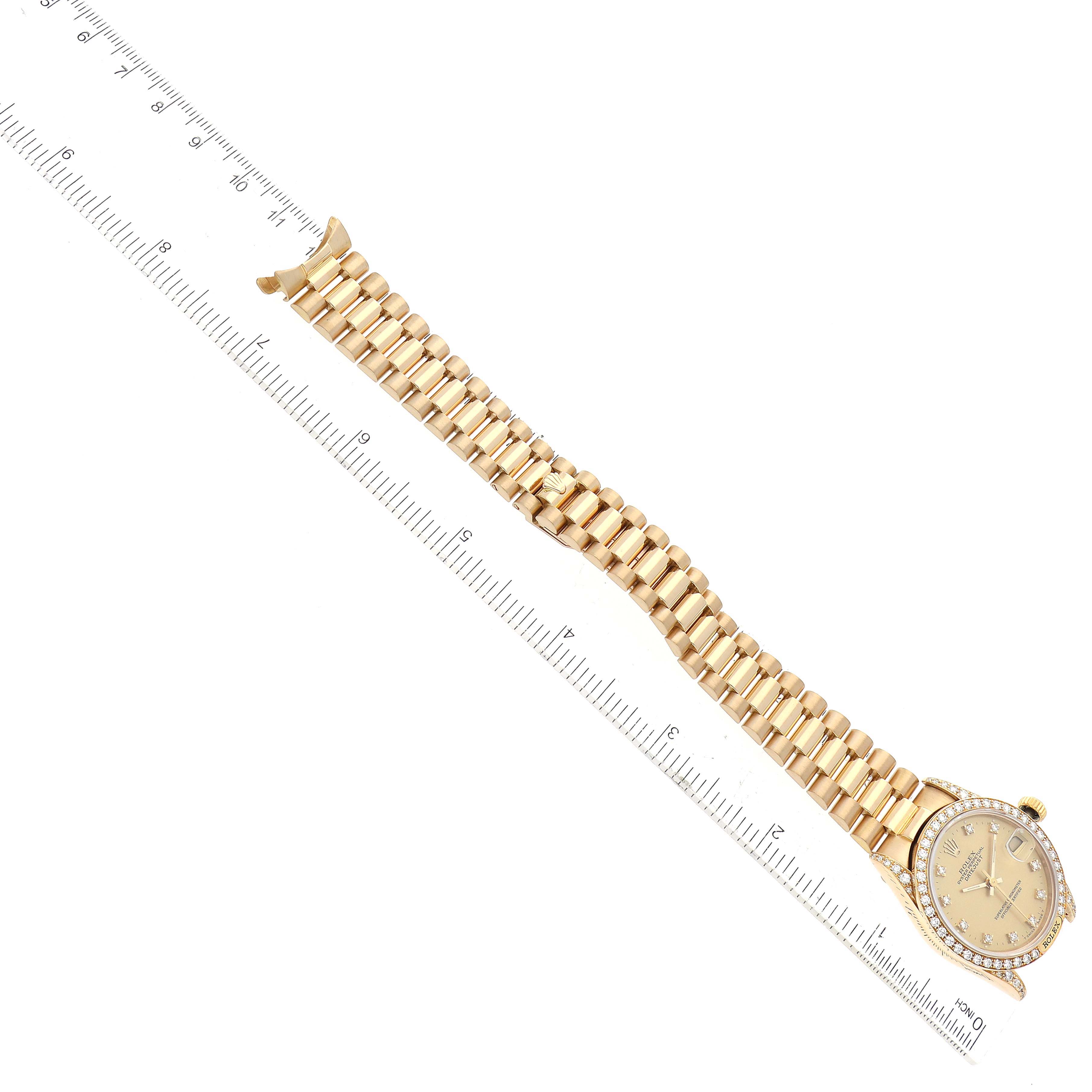 The image displays a Rolex President 68158 Women's Yellow Gold Champagne Dial 68158 Women's Yellow Gold Champagne Dial model watch laid flat, showing the full bracelet and face alongside a ruler for measurement.