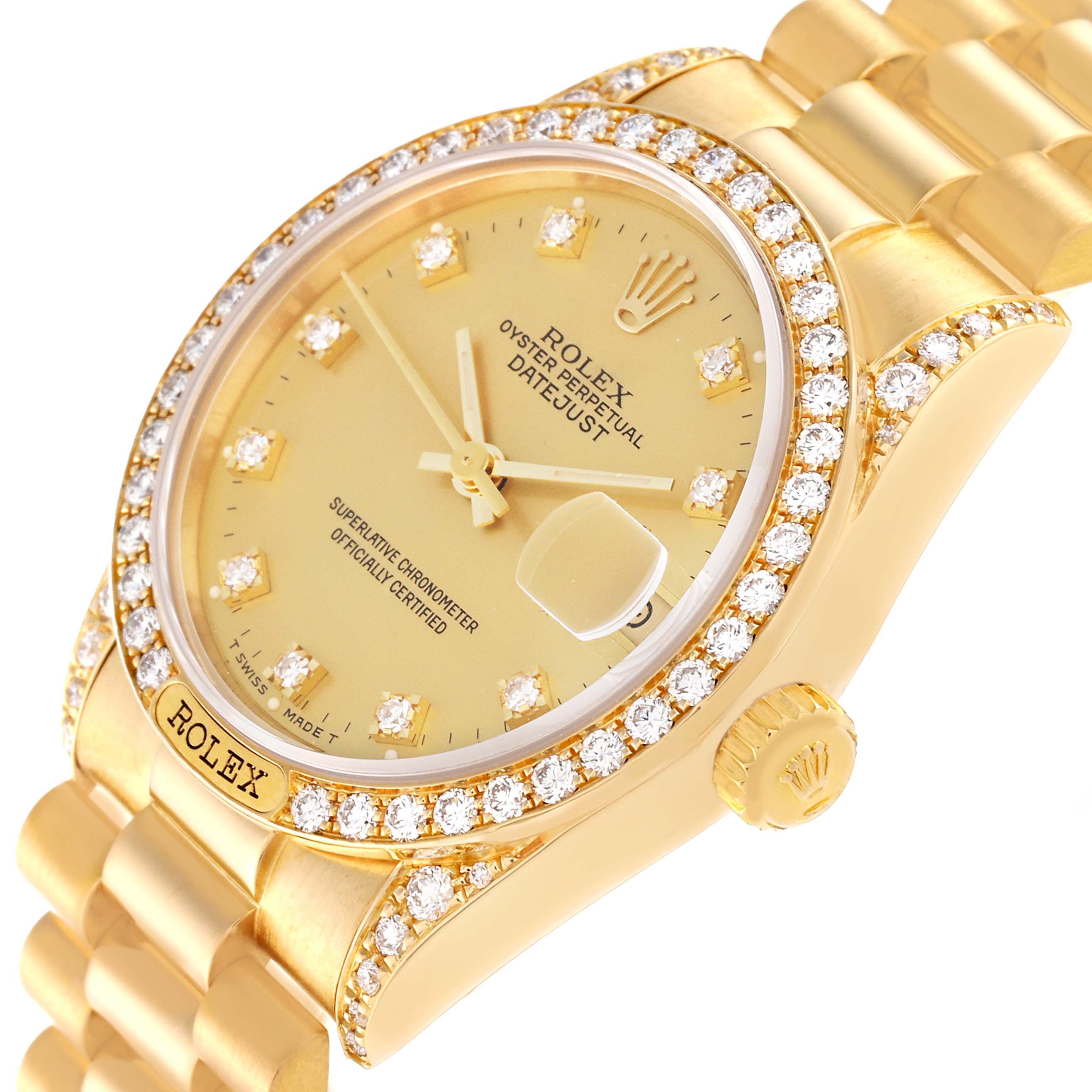 The image shows a close-up angle of a Rolex President 68158 Women's Yellow Gold Champagne Dial 68158 Women's Yellow Gold Champagne Dial model watch, highlighting the dial, bezel, and bracelet.