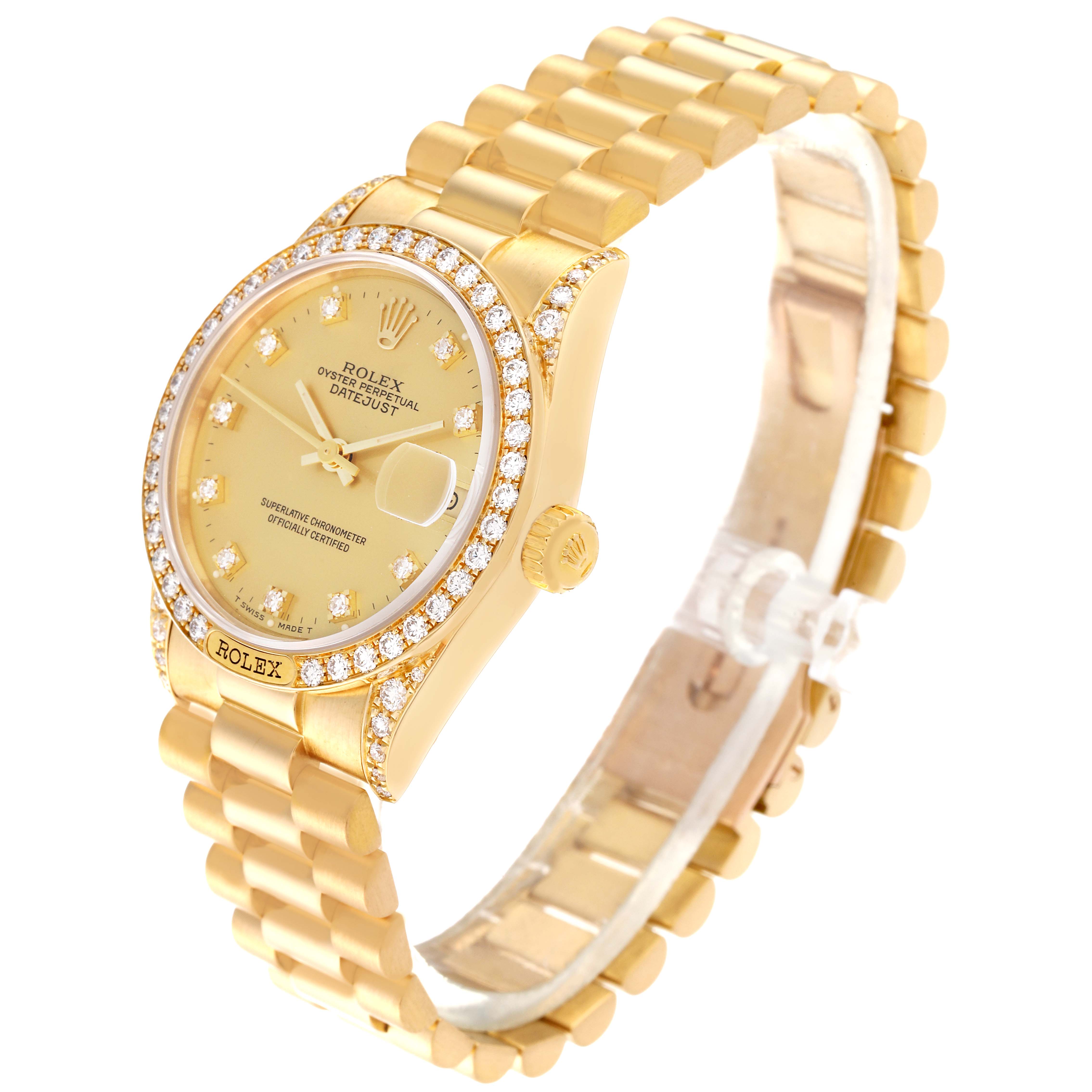 The image shows a gold Rolex President 68158 Women's Yellow Gold Champagne Dial 68158 Women's Yellow Gold Champagne Dial model watch from a side-angle, displaying its face, bracelet, and bezel adorned with diamonds.