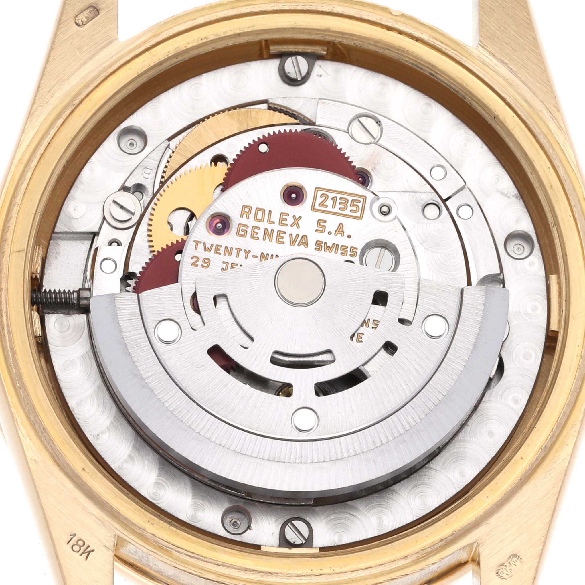 This image shows the internal movement mechanism of a Rolex President 68158 Women's Yellow Gold Champagne Dial 68158 Women's Yellow Gold Champagne Dial model watch from a top-down angle.
