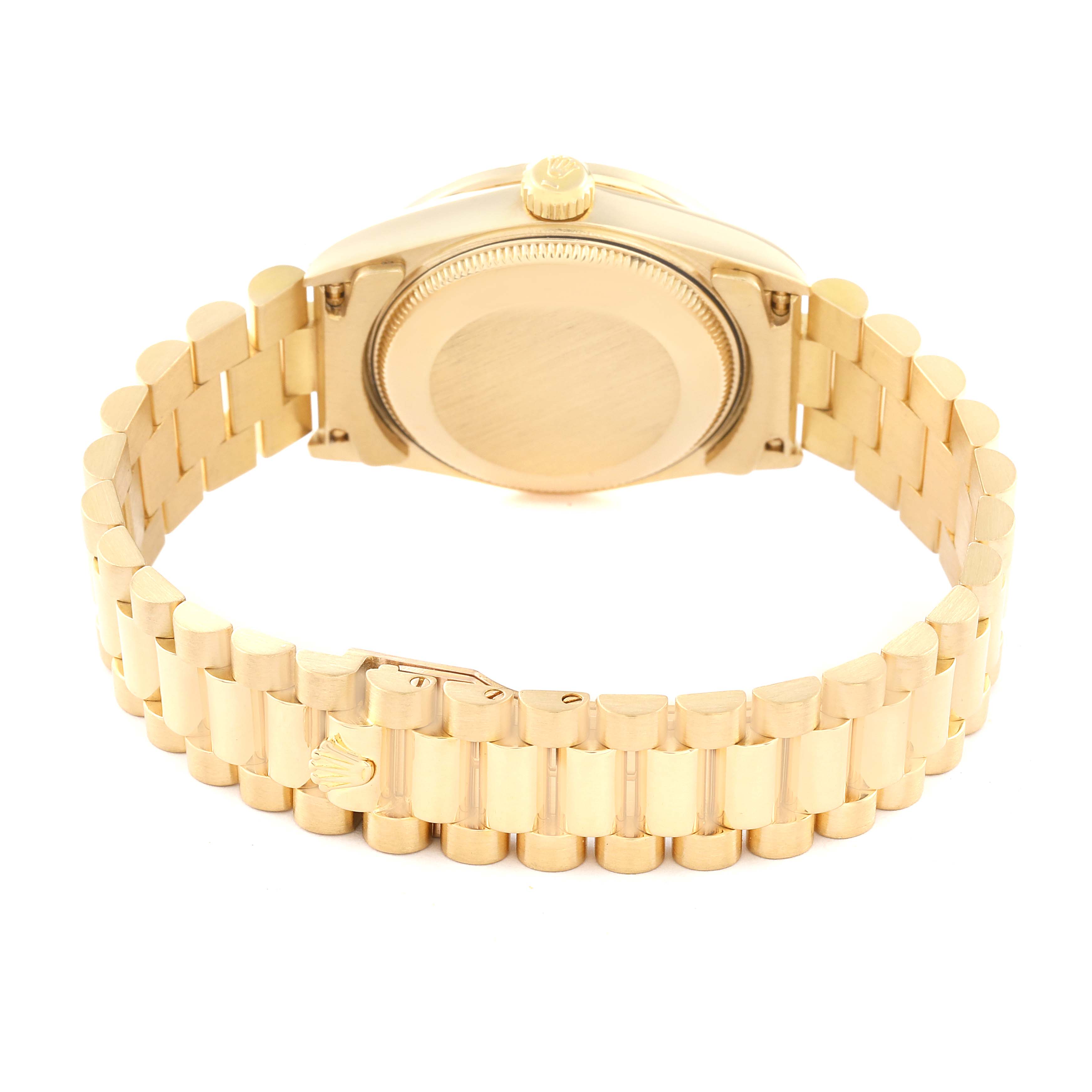 The image shows the back of the Rolex President 68158 Women's Yellow Gold Champagne Dial 68158 Women's Yellow Gold Champagne Dial watch, including the case, crown, and bracelet, viewed from a rear angle.