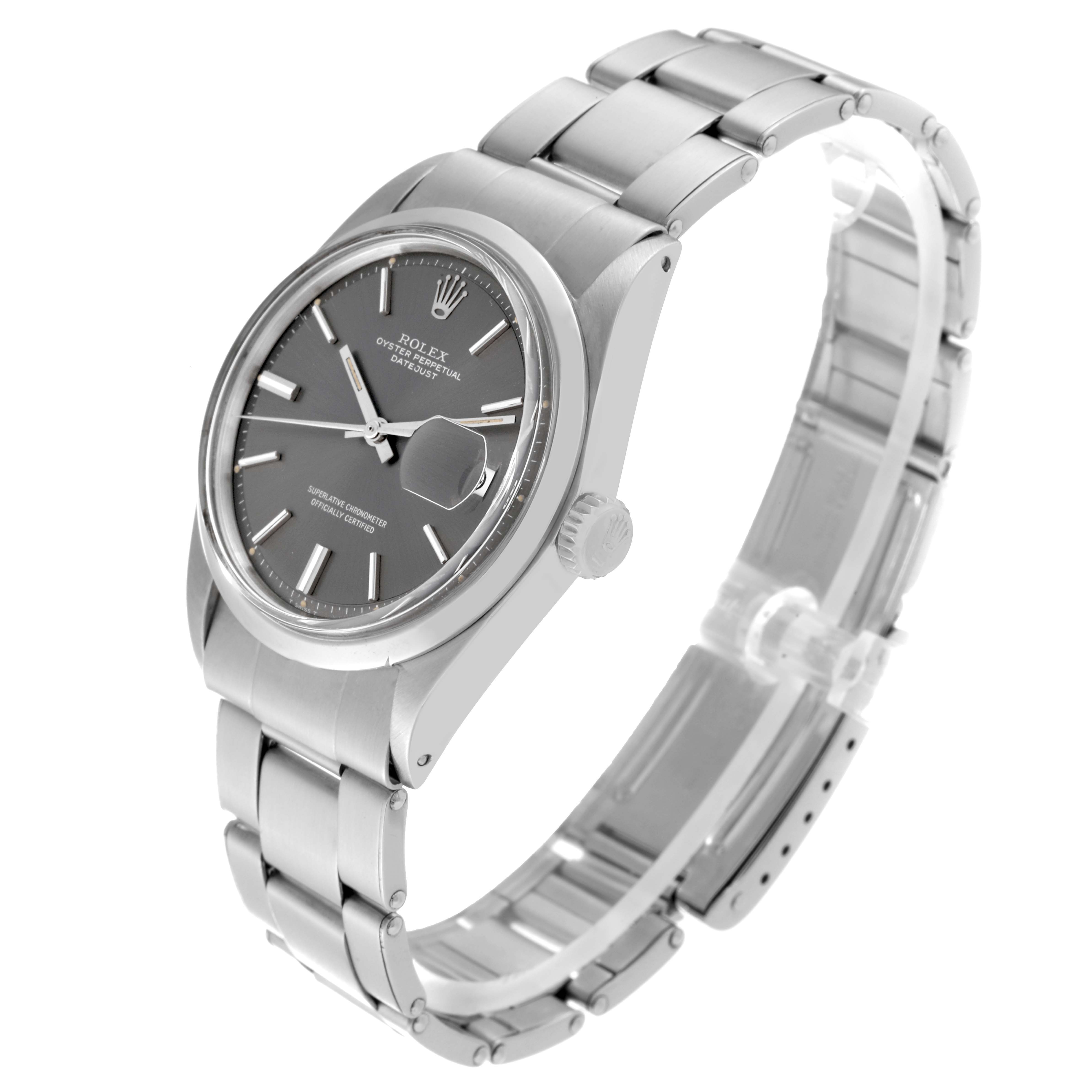 The image shows the Rolex Vintage Collection 1600 Men's Stainless Steel Grey Dial 1600 Men's Stainless Steel Grey Dial watch from an angled side view, displaying the watch face, crown, and stainless steel bracelet.