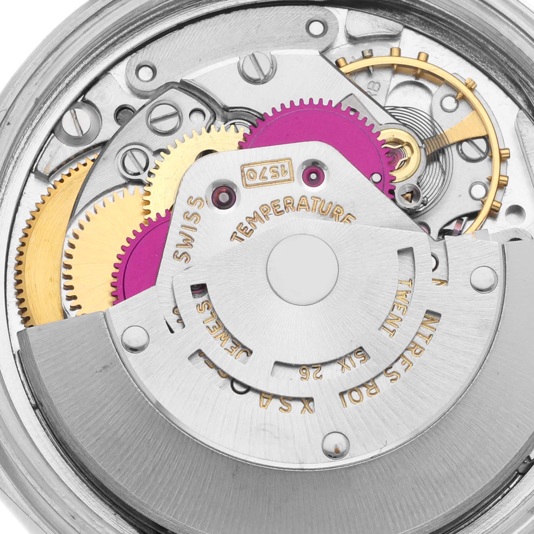 This image shows the inner mechanical movement parts of a Rolex Vintage Collection 1600 Men's Stainless Steel Grey Dial 1600 Men's Stainless Steel Grey Dial watch from a top-down angle.