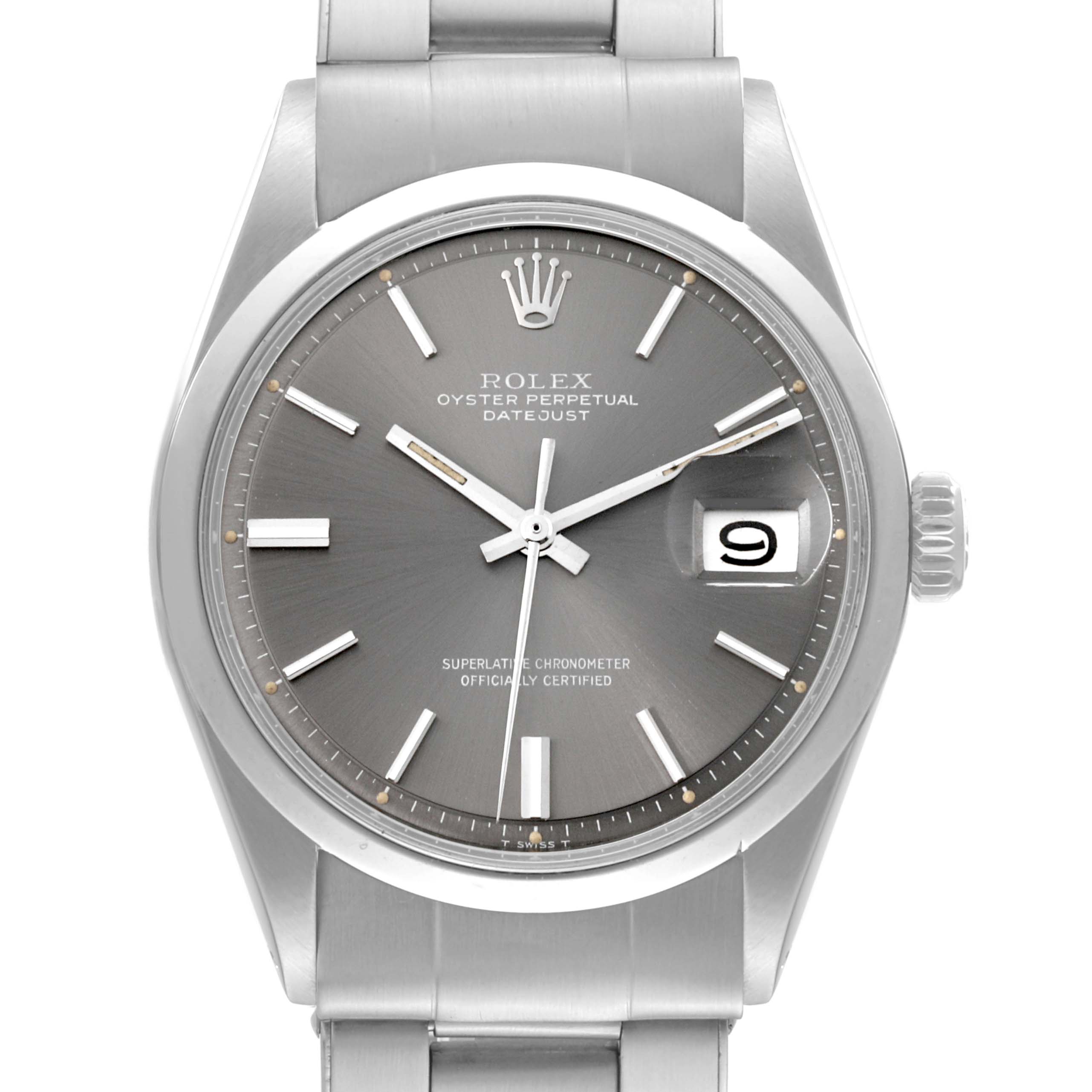 This image shows a front view of the Rolex Vintage Collection 1600 Men's Stainless Steel Grey Dial 1600 Men's Stainless Steel Grey Dial model, displaying its dial, hands, date window, and part of the bracelet.