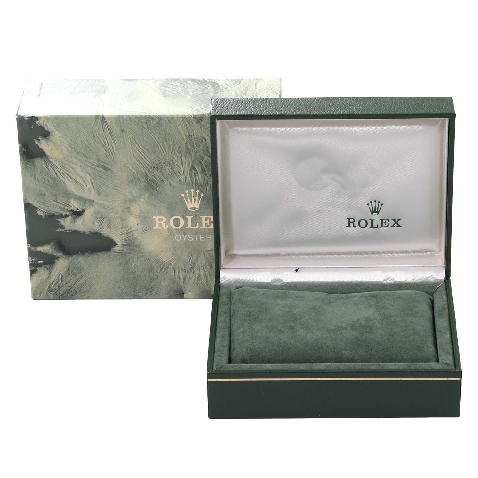 This image shows the open box and outer packaging for the Rolex Vintage Collection 1600 Men's Stainless Steel Grey Dial 1600 Men's Stainless Steel Grey Dial watch model.