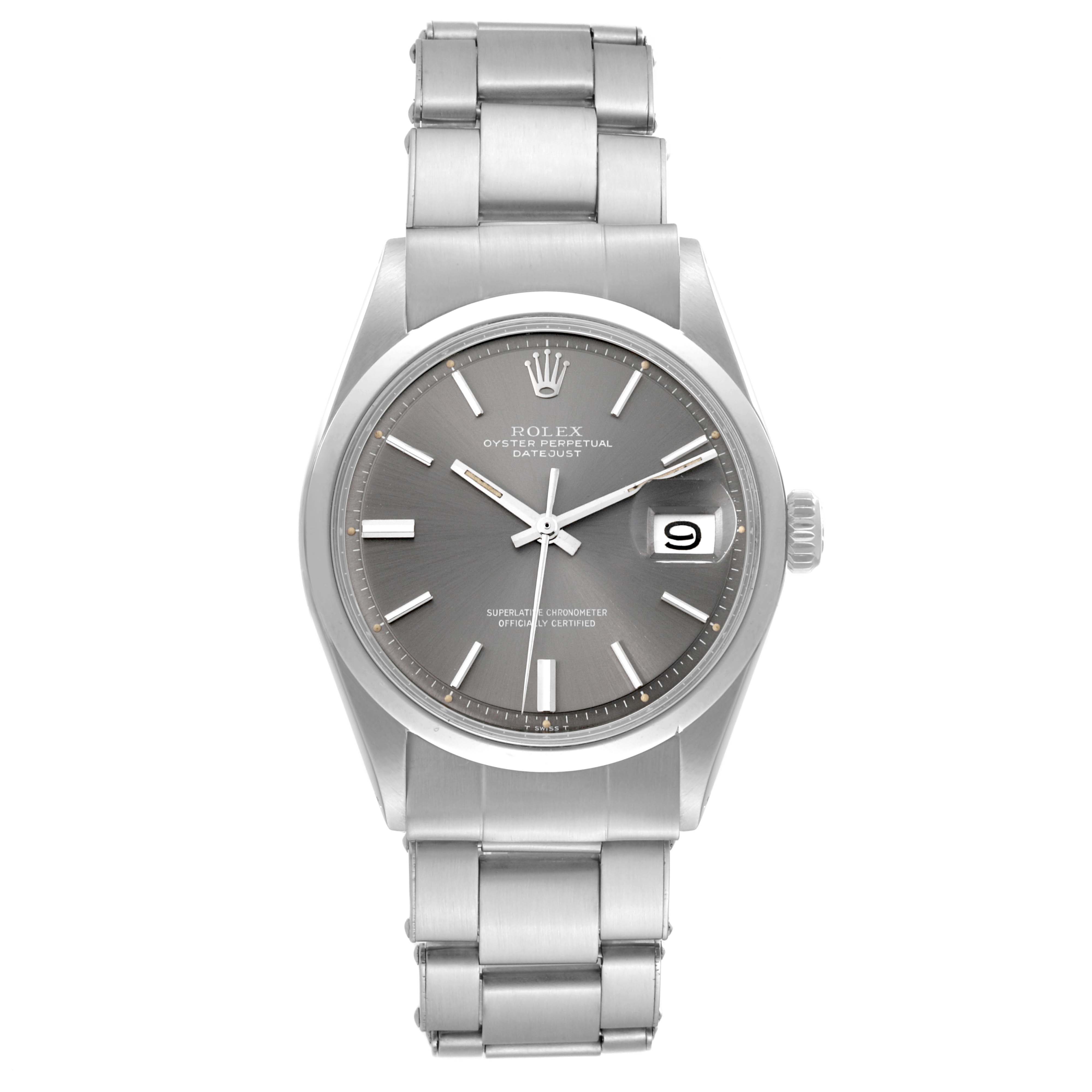 This image shows a frontal view of the Rolex Vintage Collection 1600 Men's Stainless Steel Grey Dial 1600 Men's Stainless Steel Grey Dial model, highlighting the dial, bezel, crown, and bracelet.