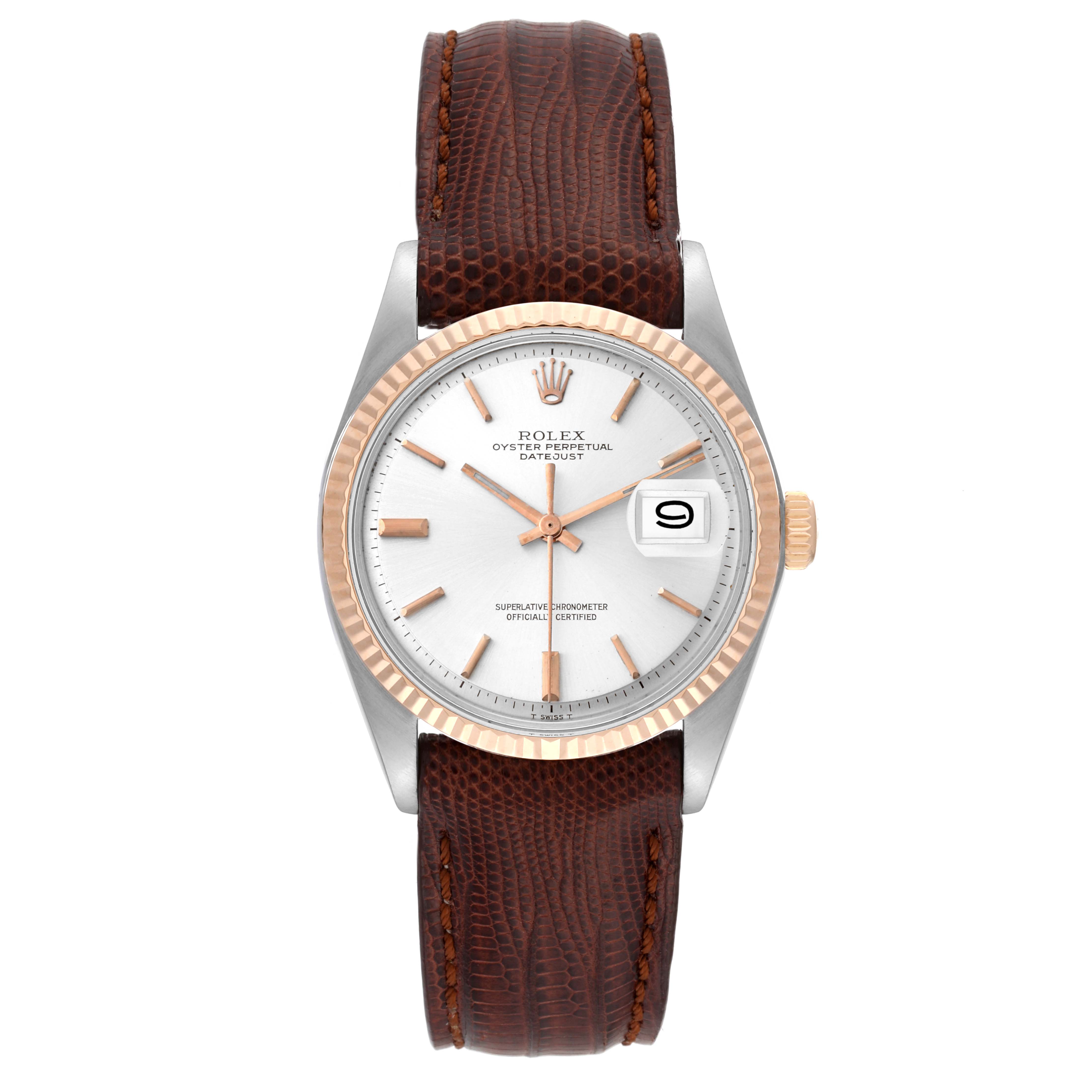 The Rolex Vintage Collection 1601 Men's Steel and Gold (two tone) Silver Dial 1601 Men's Steel and Gold (two tone) Silver Dial watch is shown from the front, highlighting its dial, bezel, and leather strap.