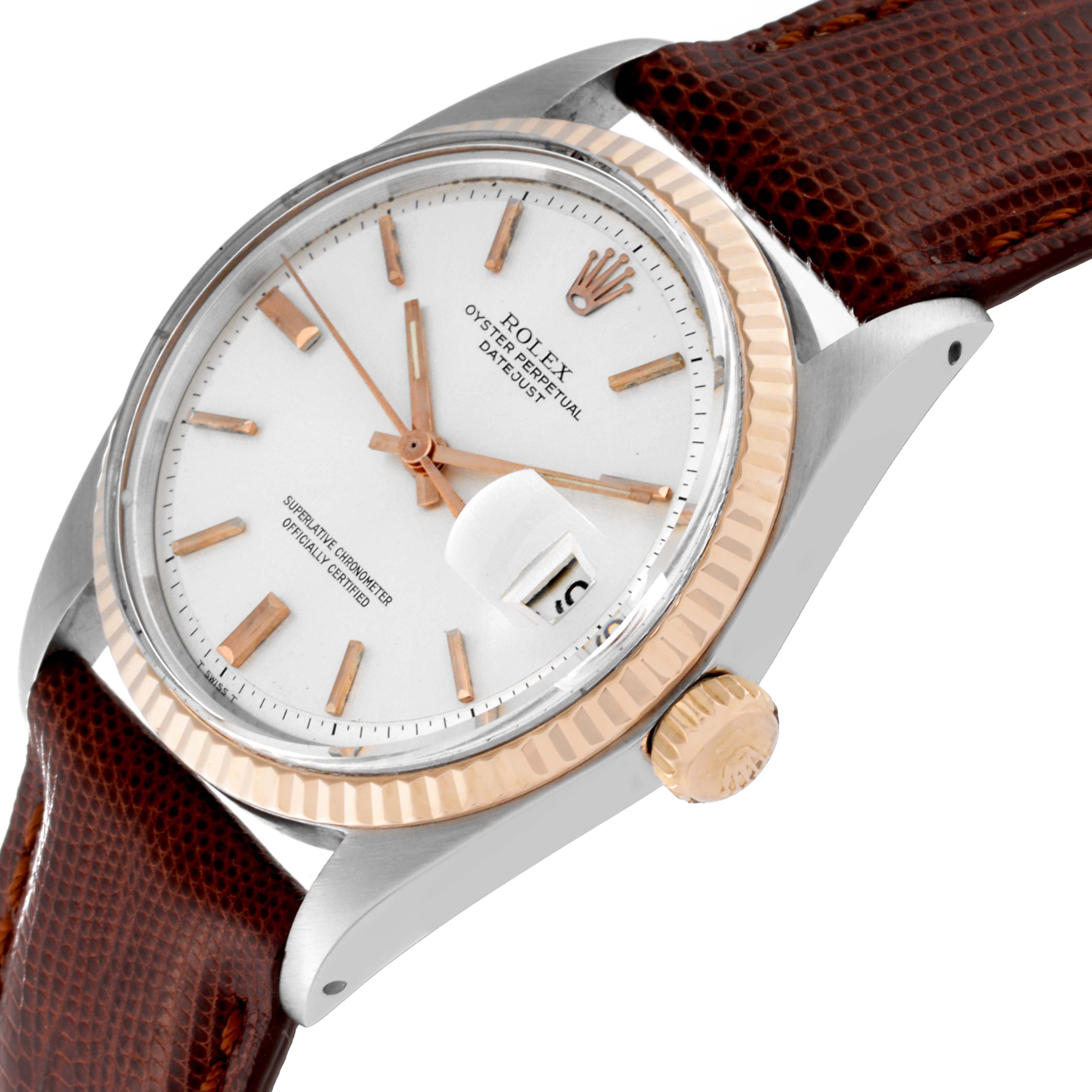 The image shows a close-up angle of the face, bezel, and crown of the Vintage Collection Rolex Oyster Perpetual Datejust watch.