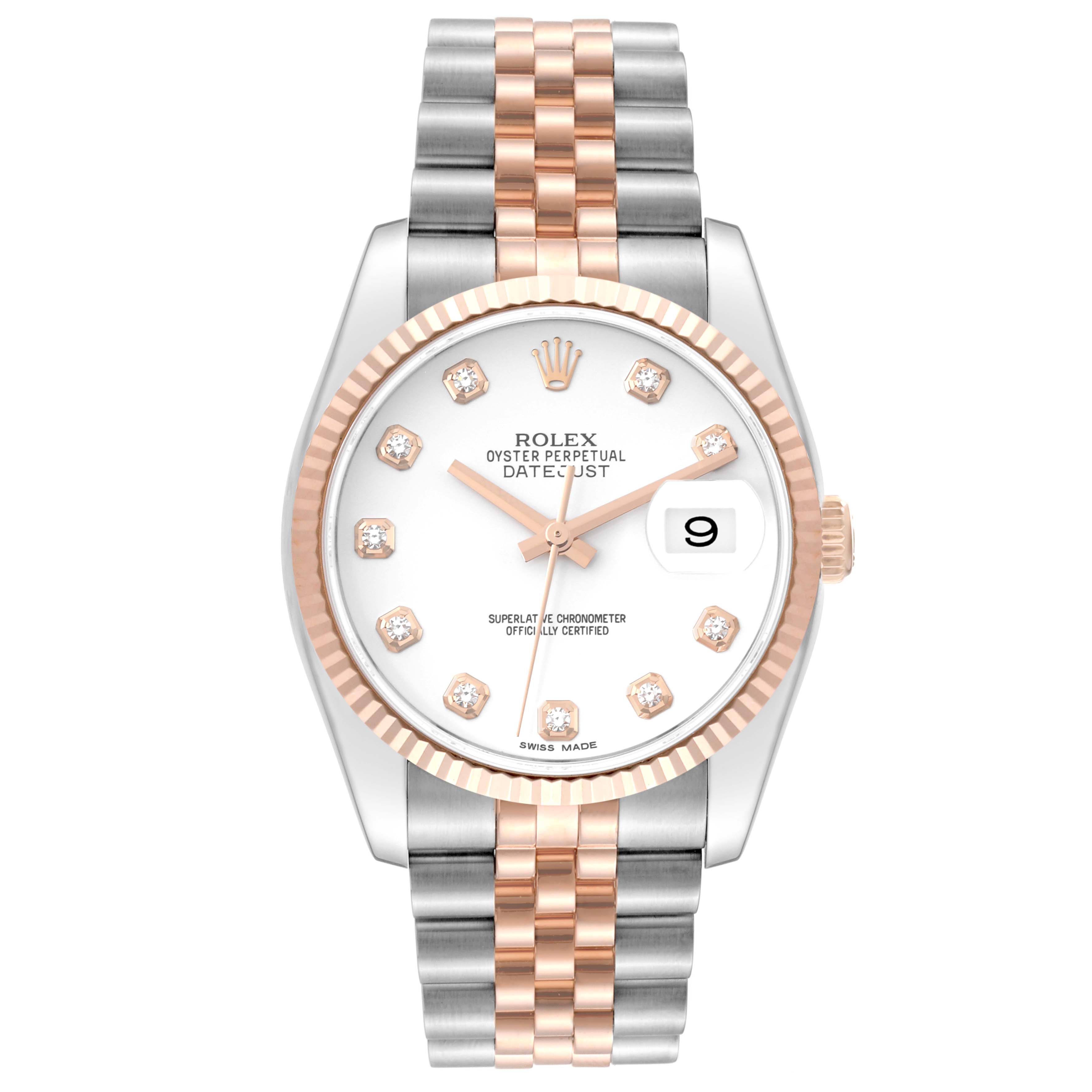 The image shows a front view of a Rolex Datejust 116231 Men's Steel and Gold (two tone) White Dial 116231 Men's Steel and Gold (two tone) White Dial watch, featuring a two-tone bracelet, diamond hour markers, and a date display.