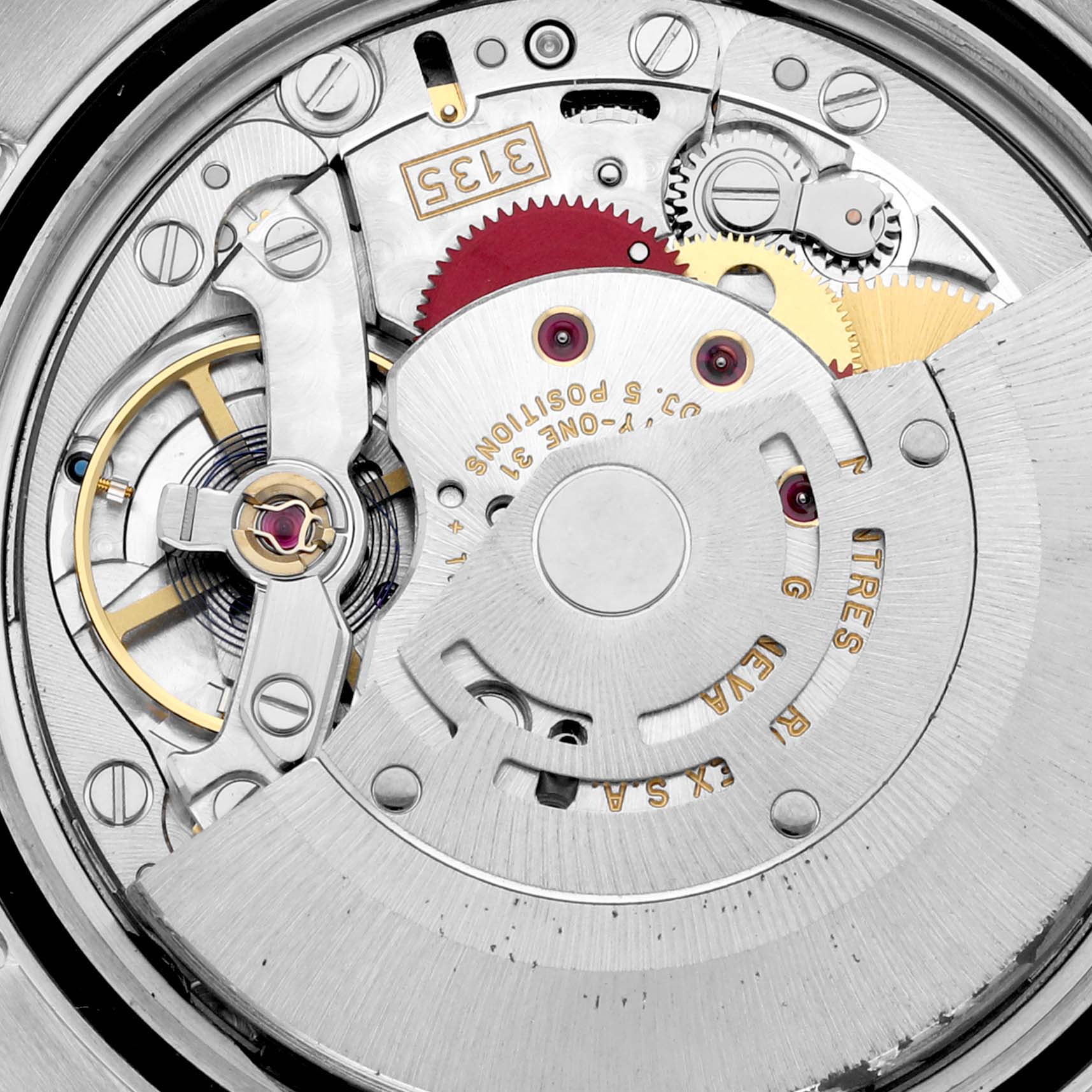 This image shows a close-up view of the Rolex Datejust 116231 Men's Steel and Gold (two tone) White Dial 116231 Men's Steel and Gold (two tone) White Dial's movement mechanism from the back.