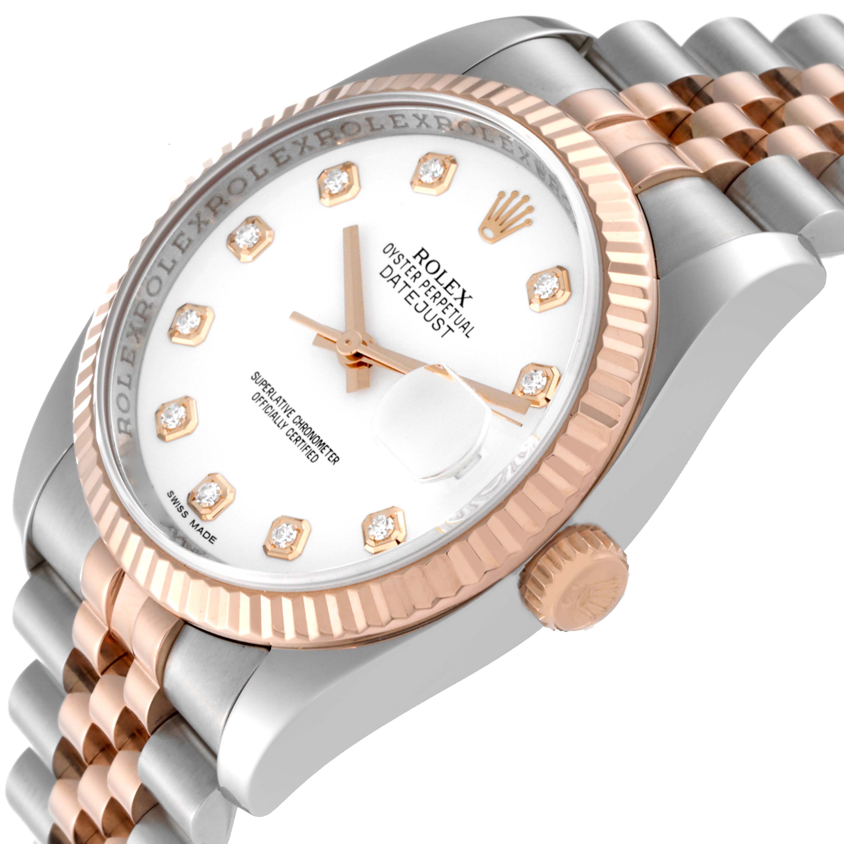 The image shows the Rolex Datejust 116231 Men's Steel and Gold (two tone) White Dial 116231 Men's Steel and Gold (two tone) White Dial watch at an angle highlighting the dial, bezel, crown, and part of the bracelet.
