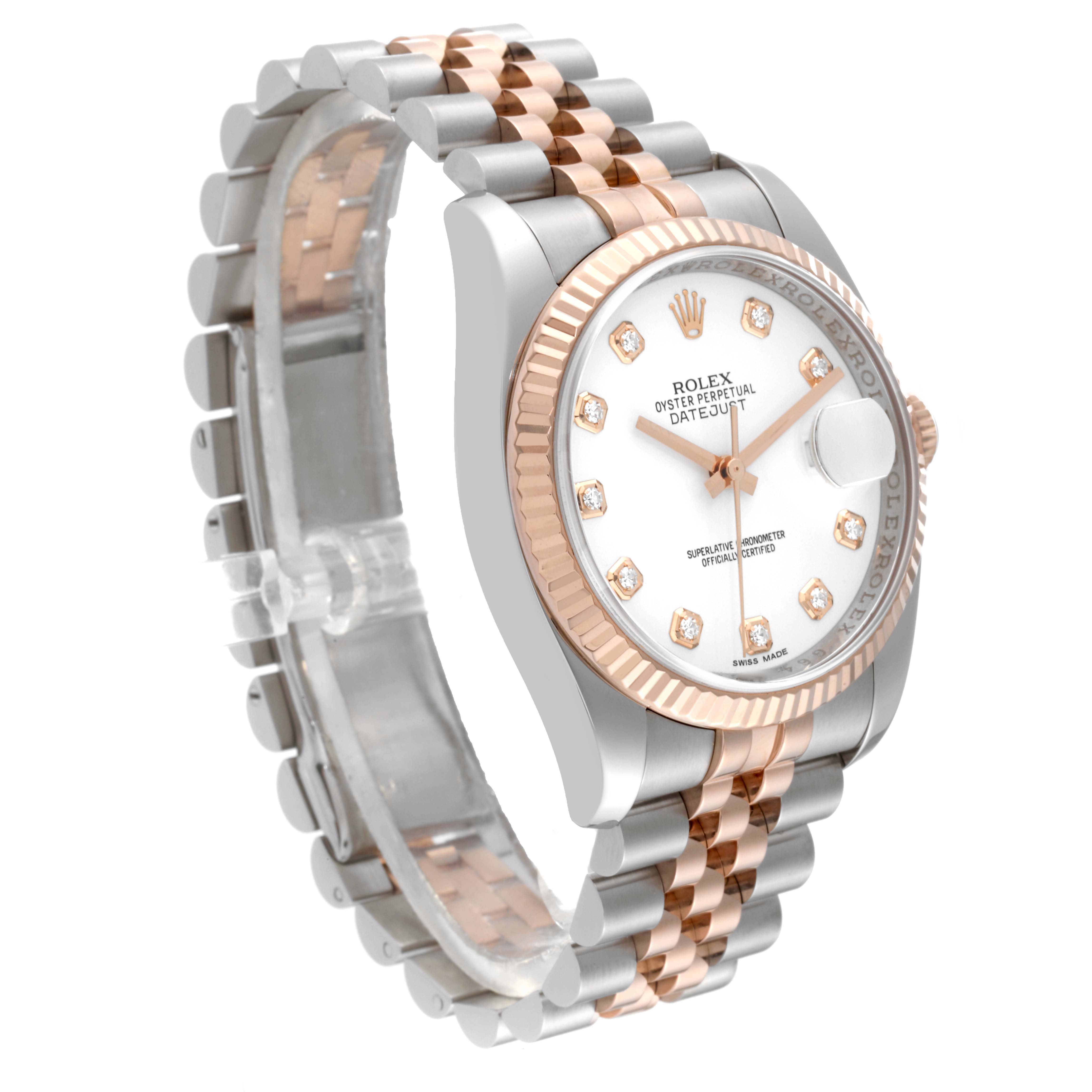 The image shows a Rolex Datejust 116231 Men's Steel and Gold (two tone) White Dial 116231 Men's Steel and Gold (two tone) White Dial watch at a 3/4 angle, highlighting its face, bezel, and two-tone bracelet.