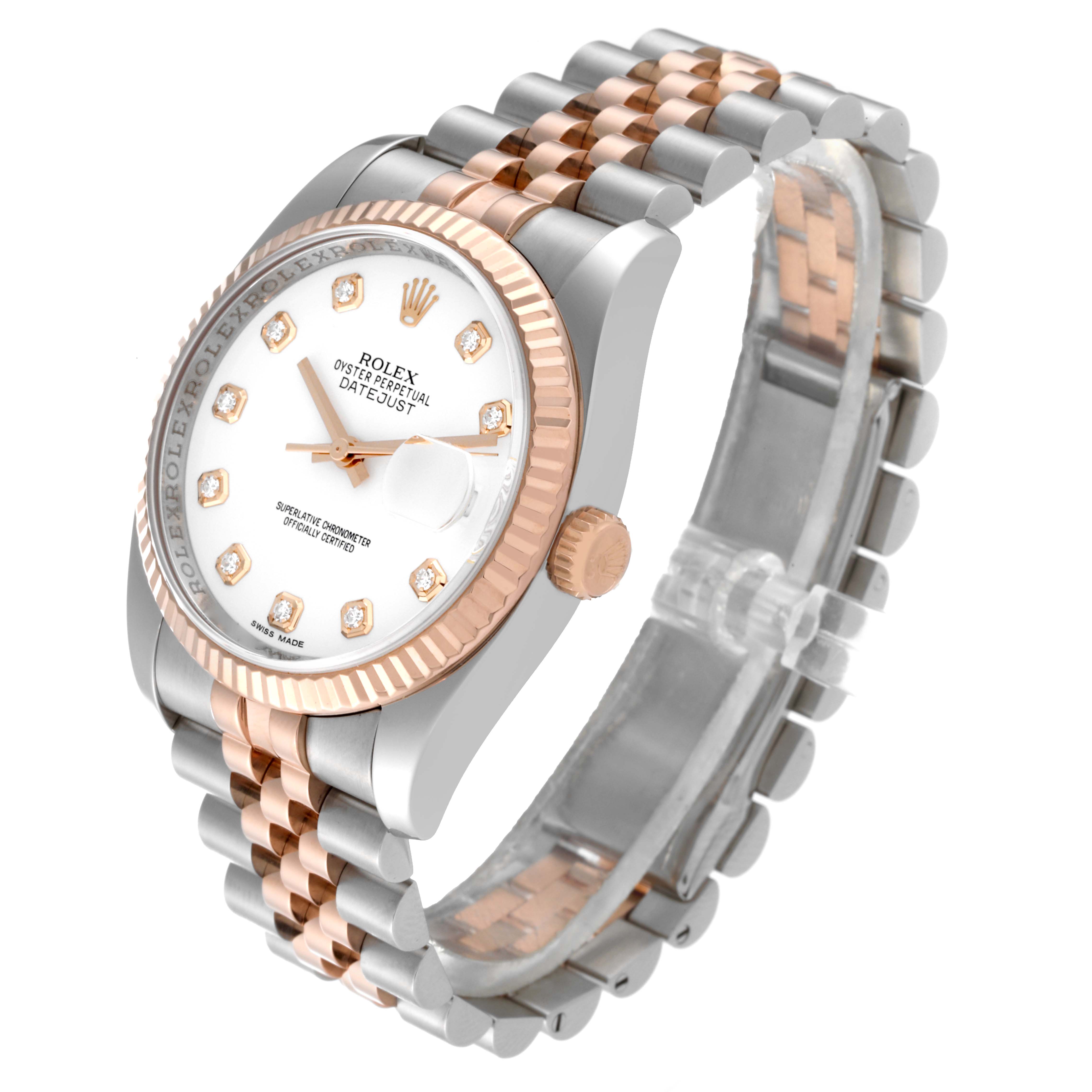 The image shows a Rolex Datejust 116231 Men's Steel and Gold (two tone) White Dial 116231 Men's Steel and Gold (two tone) White Dial watch at an angle highlighting its face, fluted bezel, crown, and jubilee bracelet band.