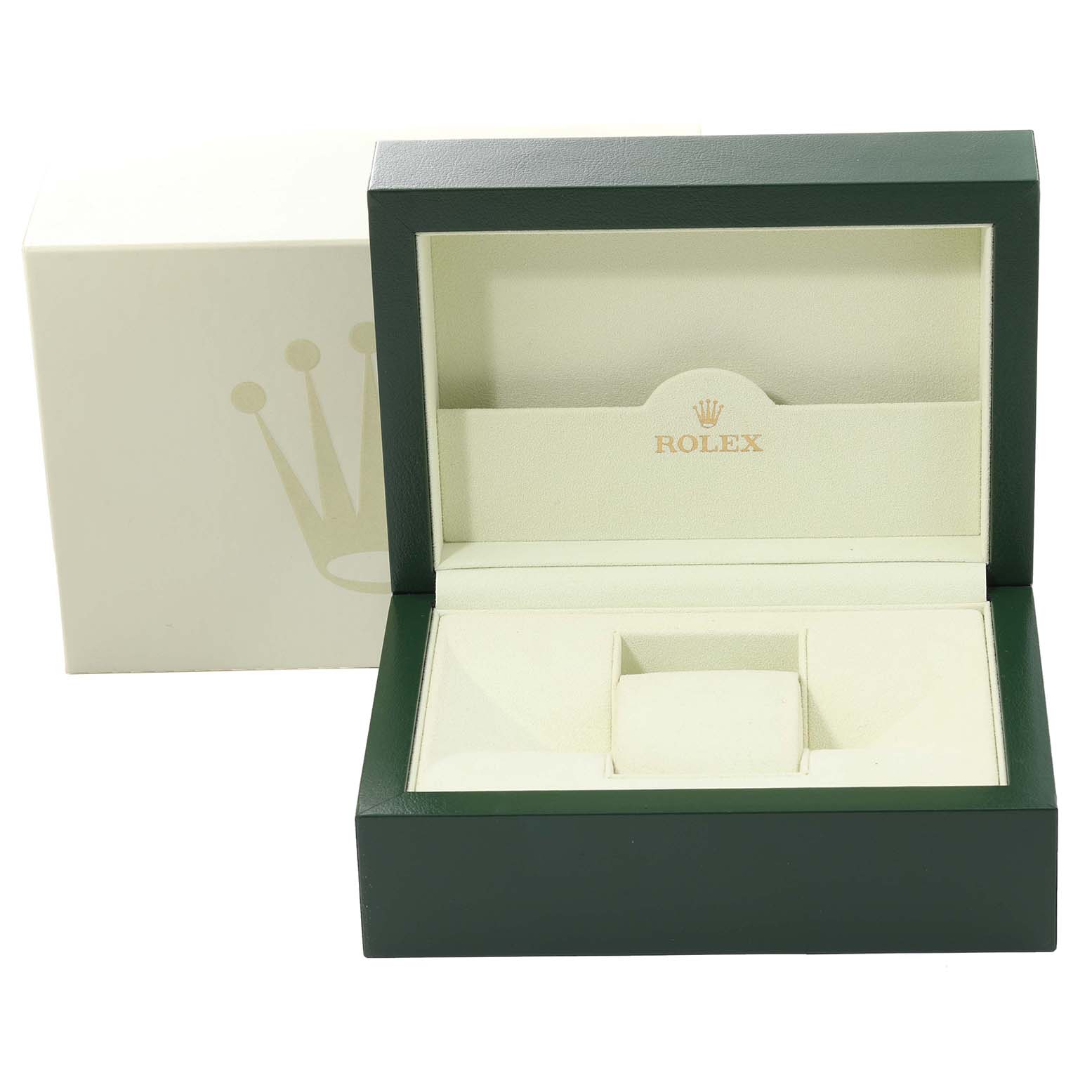 The image shows an open green and beige Rolex Datejust 116231 Men's Steel and Gold (two tone) White Dial 116231 Men's Steel and Gold (two tone) White Dial watch box at a straight-on angle.