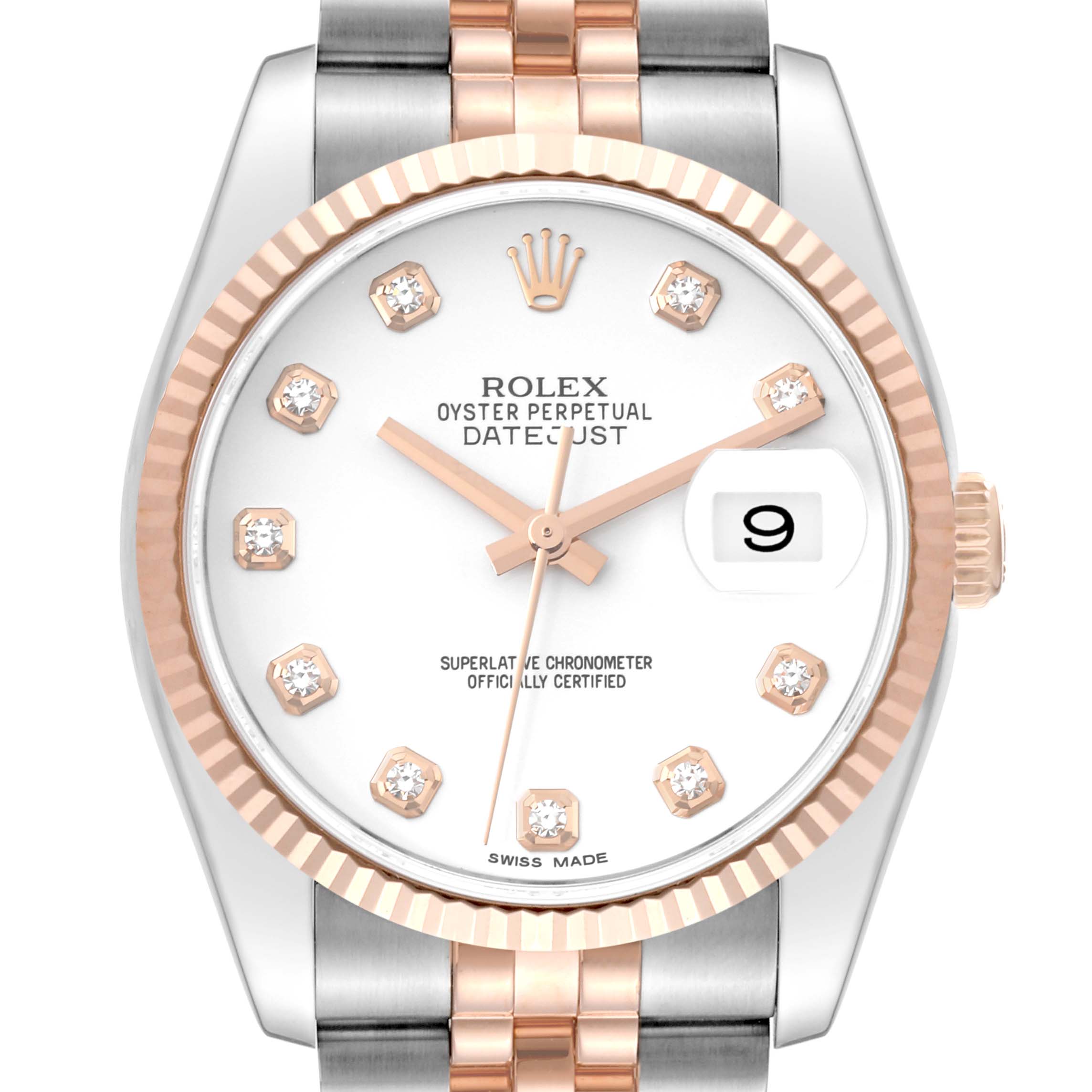 This image shows a front view of a Rolex Datejust 116231 Men's Steel and Gold (two tone) White Dial 116231 Men's Steel and Gold (two tone) White Dial watch, highlighting its dial, hands, markers, date window, and bracelet.
