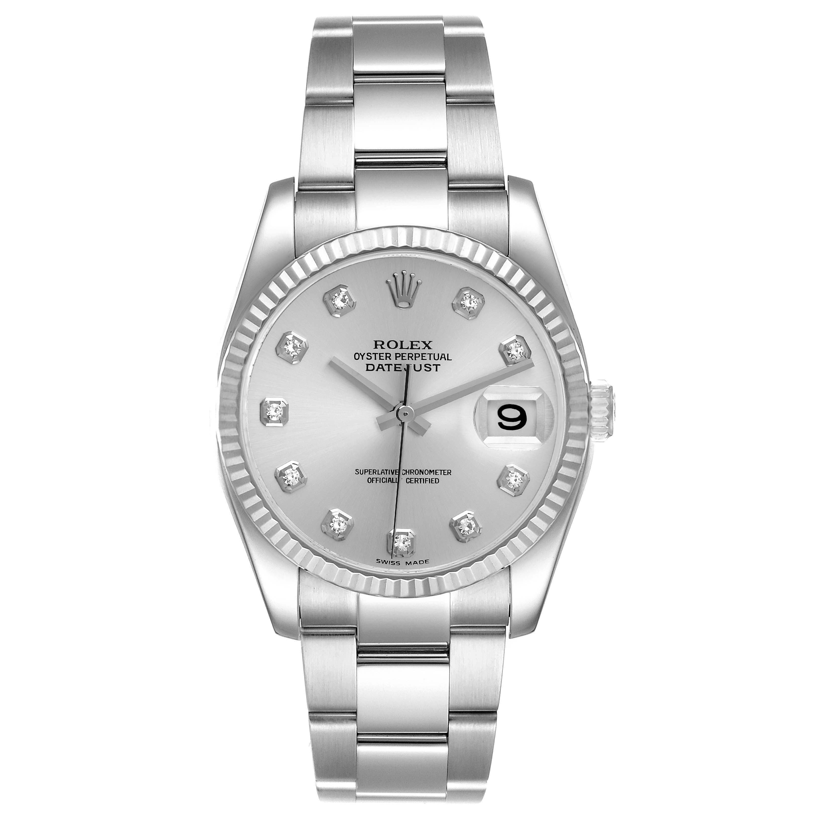 This image shows a front view of the Rolex Datejust 116234 Men's Stainless Steel Silver Dial 116234 Men's Stainless Steel Silver Dial watch, highlighting its dial, bezel, hands, and bracelet.