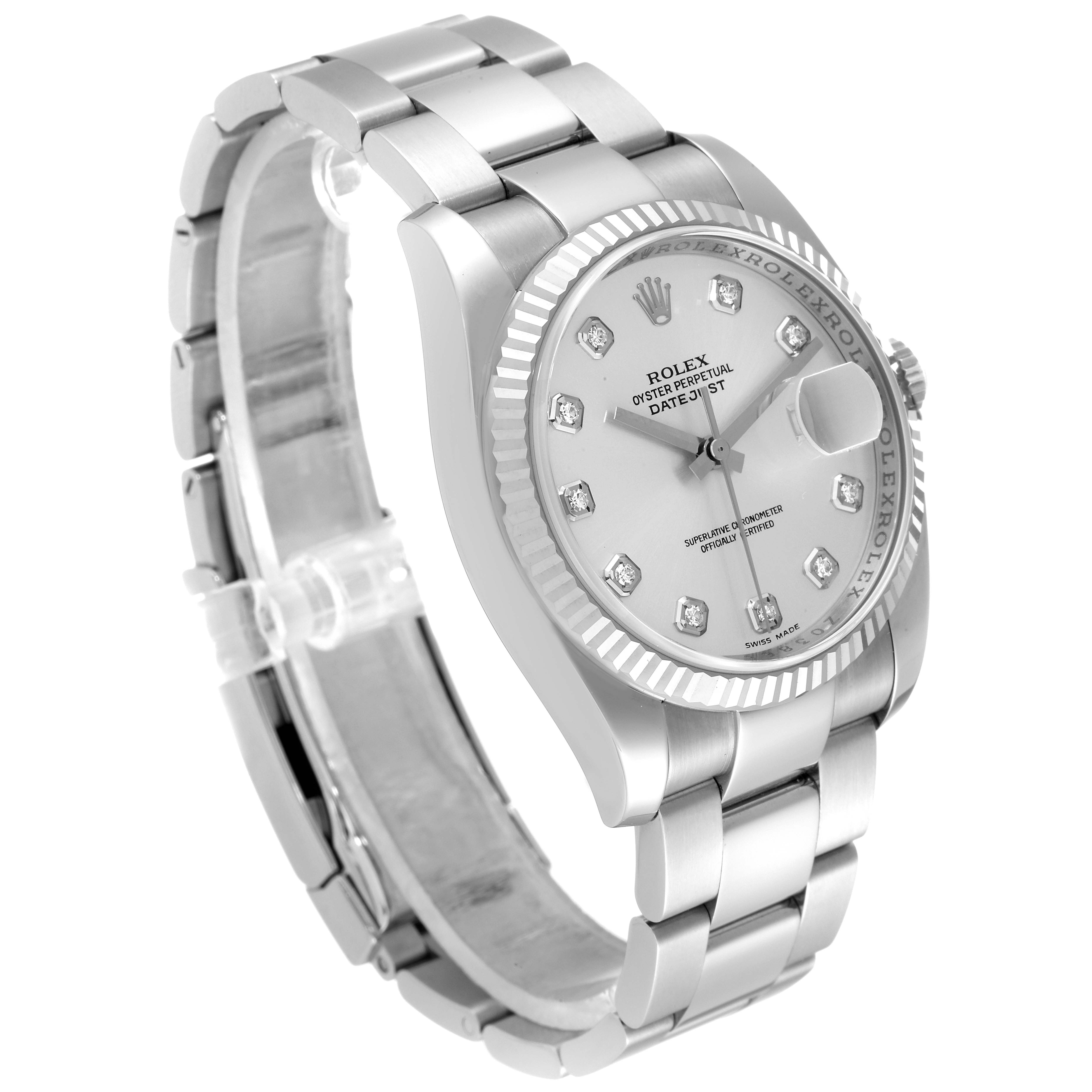 The image shows a Rolex Datejust 116234 Men's Stainless Steel Silver Dial 116234 Men's Stainless Steel Silver Dial watch from an angled view, highlighting its band, case, dial, and fluted bezel.