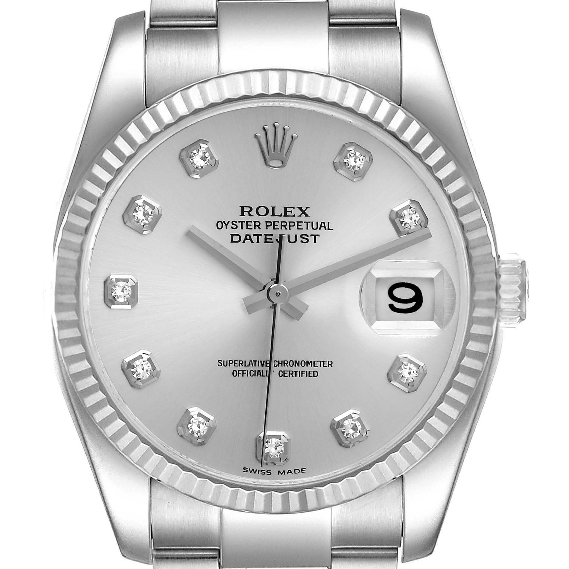 This image shows a front view of the Rolex Datejust 116234 Men's Stainless Steel Silver Dial 116234 Men's Stainless Steel Silver Dial watch, highlighting its dial, hands, date window, and part of the bracelet.