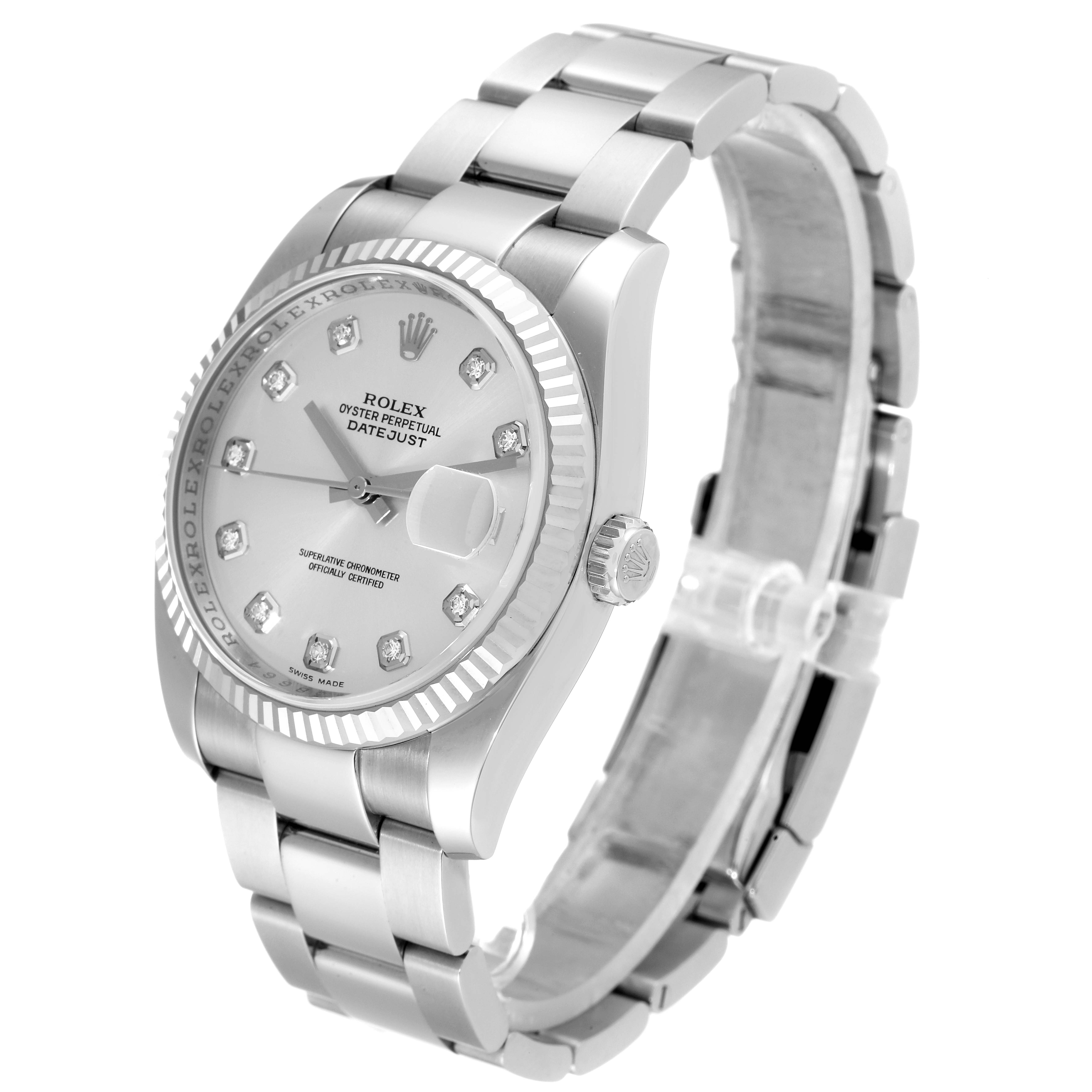 The Rolex Datejust 116234 Men's Stainless Steel Silver Dial 116234 Men's Stainless Steel Silver Dial watch is shown at a slight angle, detailing its face, bezel, crown, and bracelet.