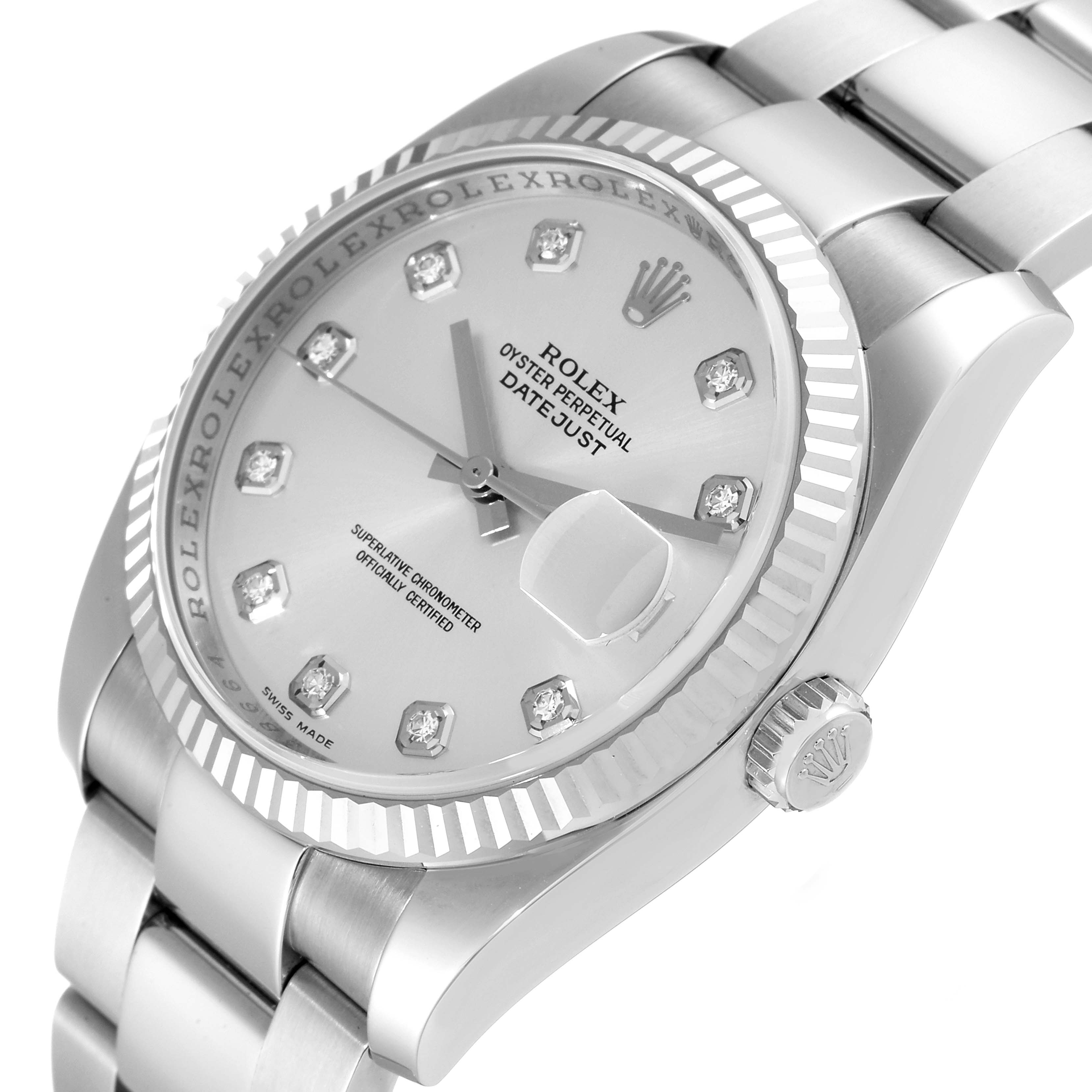 This image shows the dial, bezel, crown, and part of the bracelet of the Rolex Datejust 116234 Men's Stainless Steel Silver Dial 116234 Men's Stainless Steel Silver Dial watch from a slightly tilted angle.