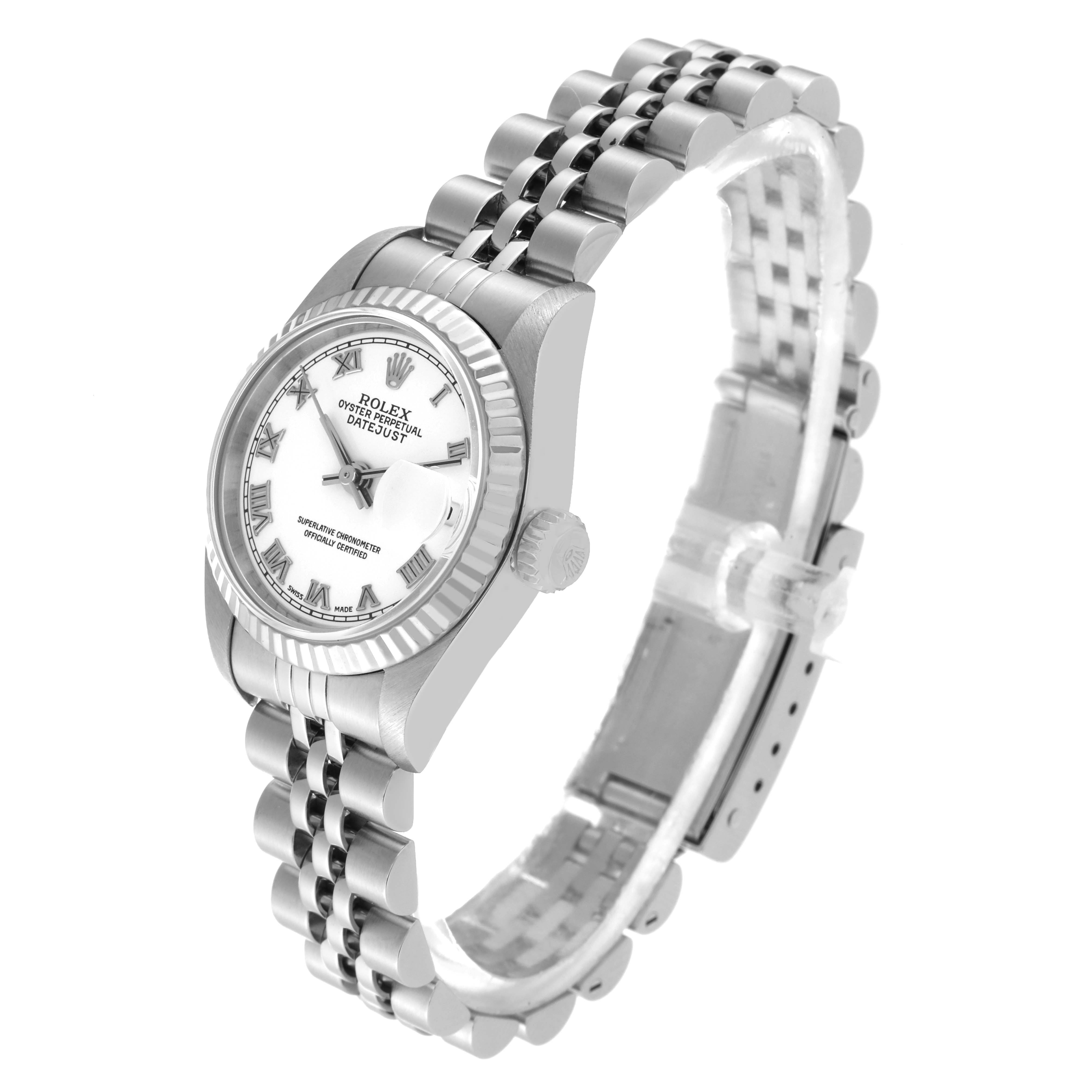 The image shows a side angle of the Rolex Datejust 79174 Women's Stainless Steel White Dial 79174 Women's Stainless Steel White Dial watch highlighting the face, bezel, crown, and bracelet.