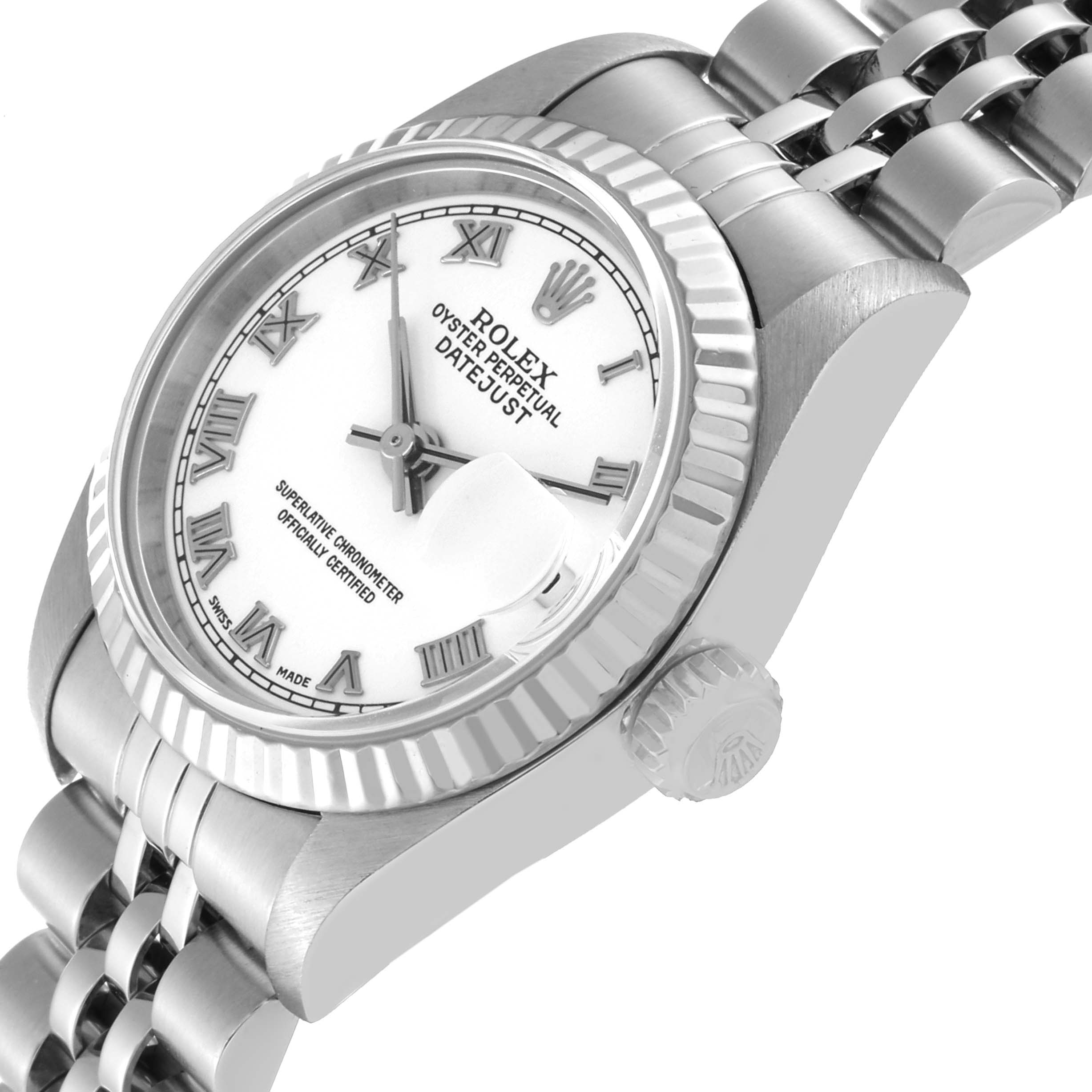 The Rolex Datejust 79174 Women's Stainless Steel White Dial 79174 Women's Stainless Steel White Dial watch is shown at an angled side view, highlighting its fluted bezel, crown, and Jubilee bracelet.
